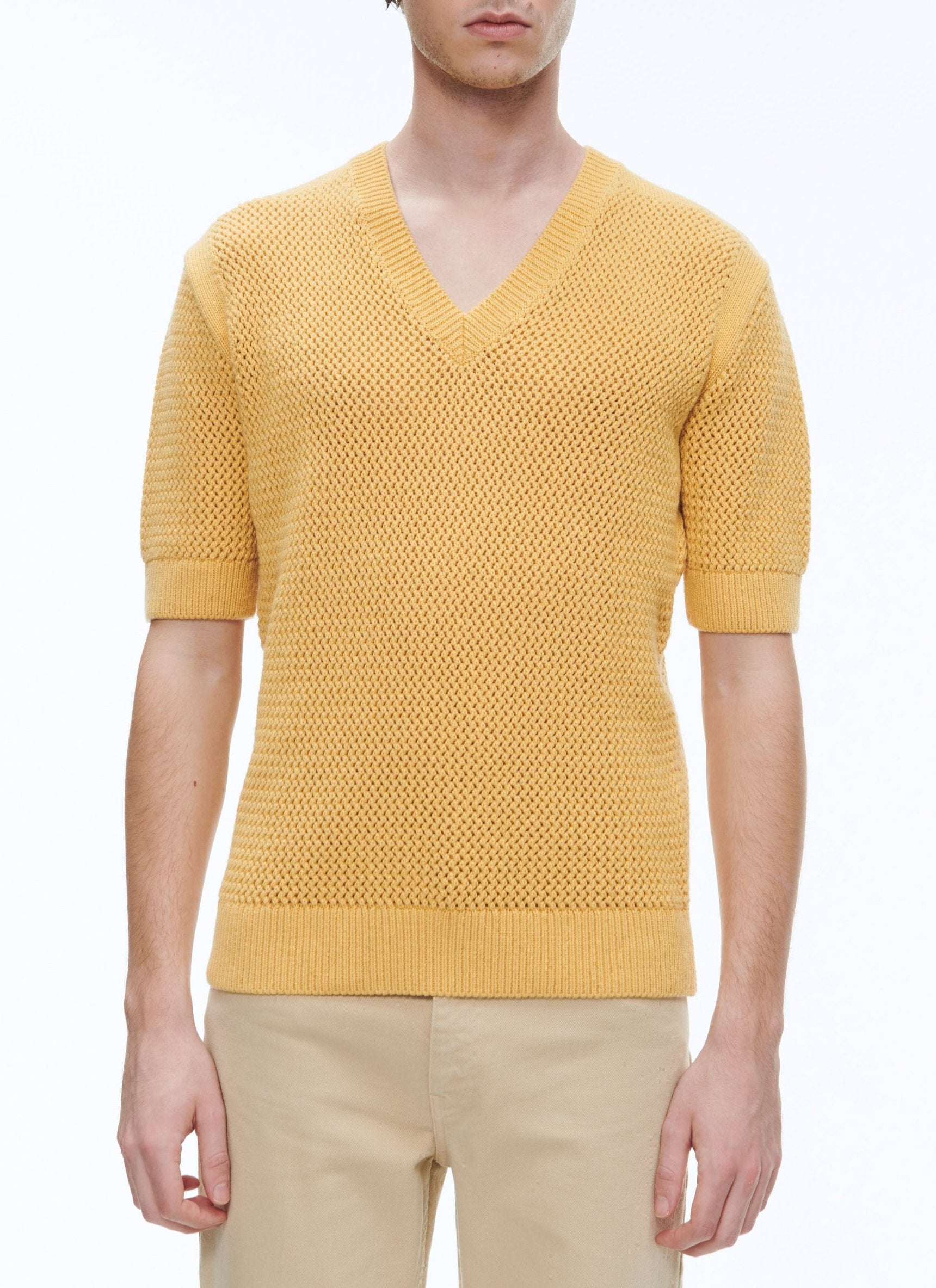 Openwork T-shirt in wool and cotton - Yellow