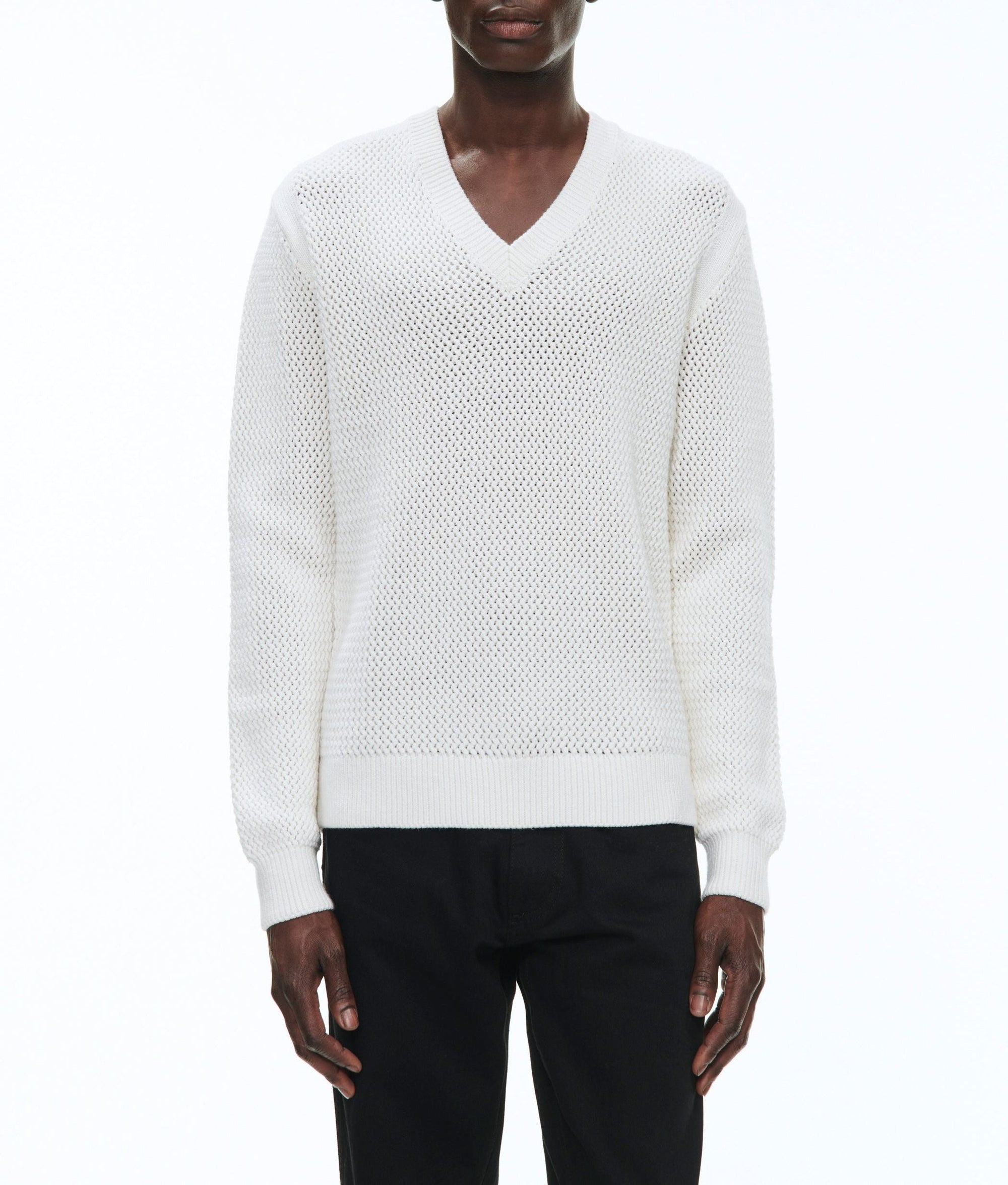 Pull à col v ajouré en laine - Écru