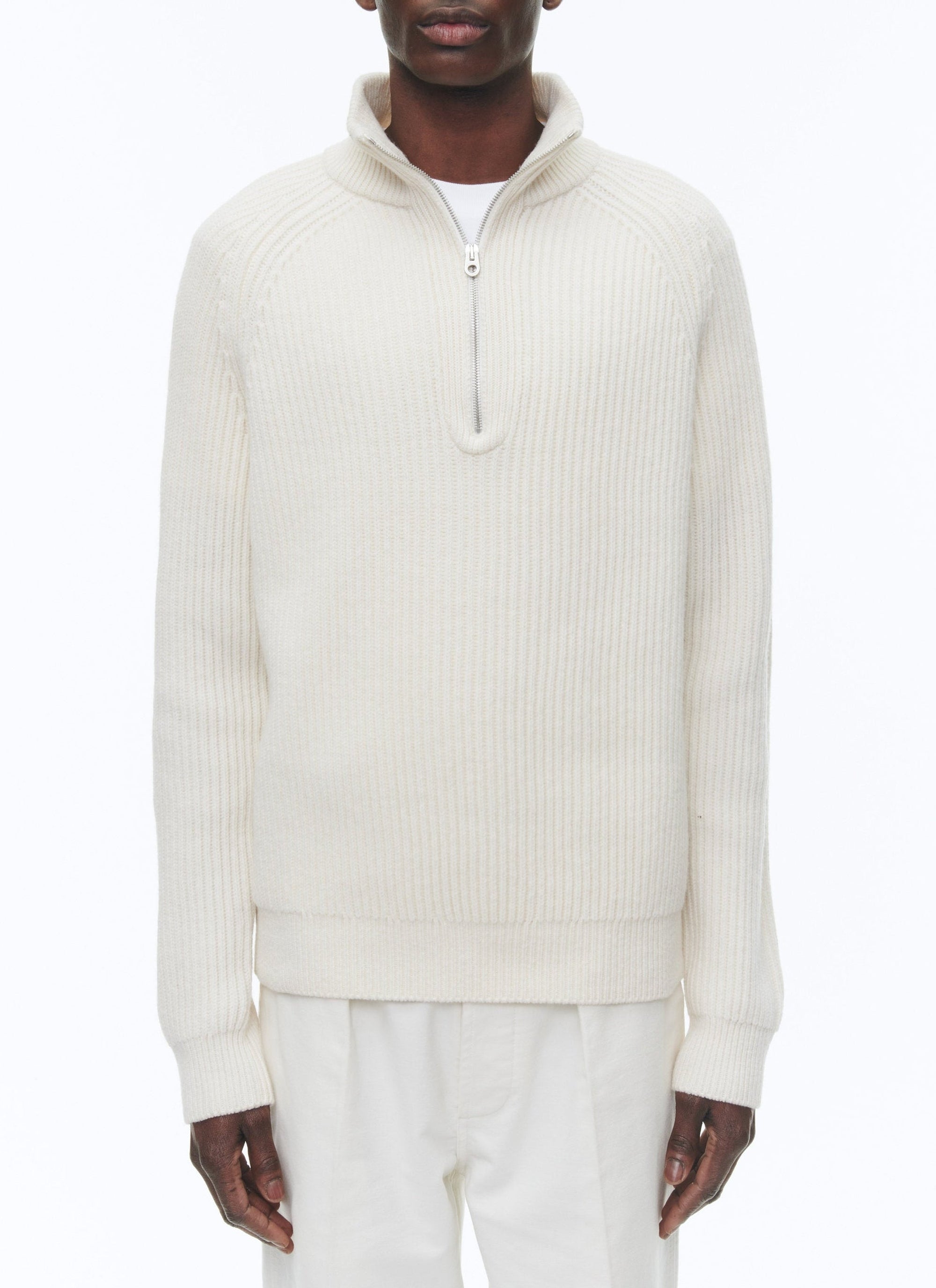 Pull côtelé à col camionneur en laine - Écru