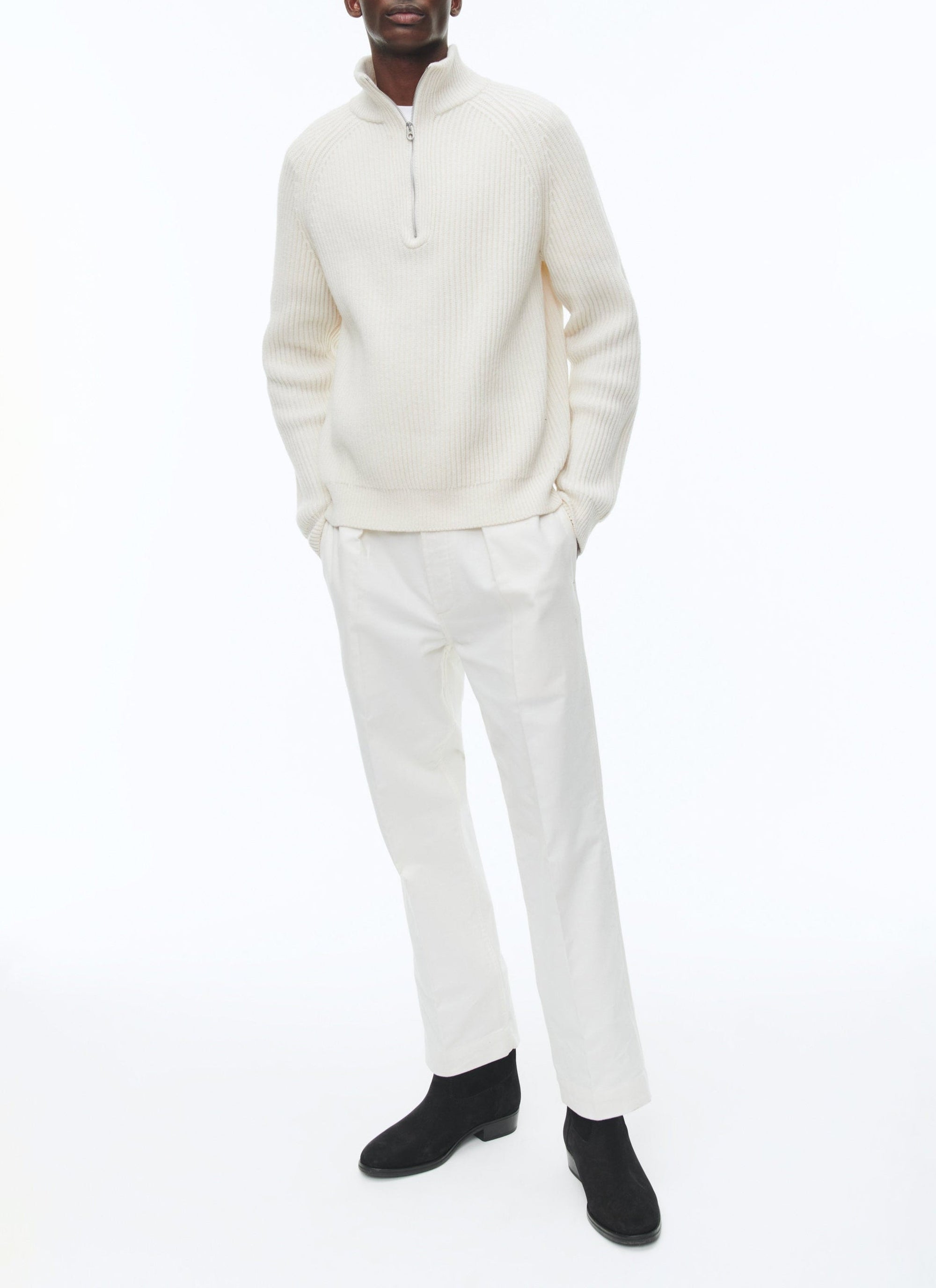 Pull côtelé à col camionneur en laine - Écru