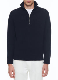 Pull côtelé à col camionneur en laine - Bleu Marine