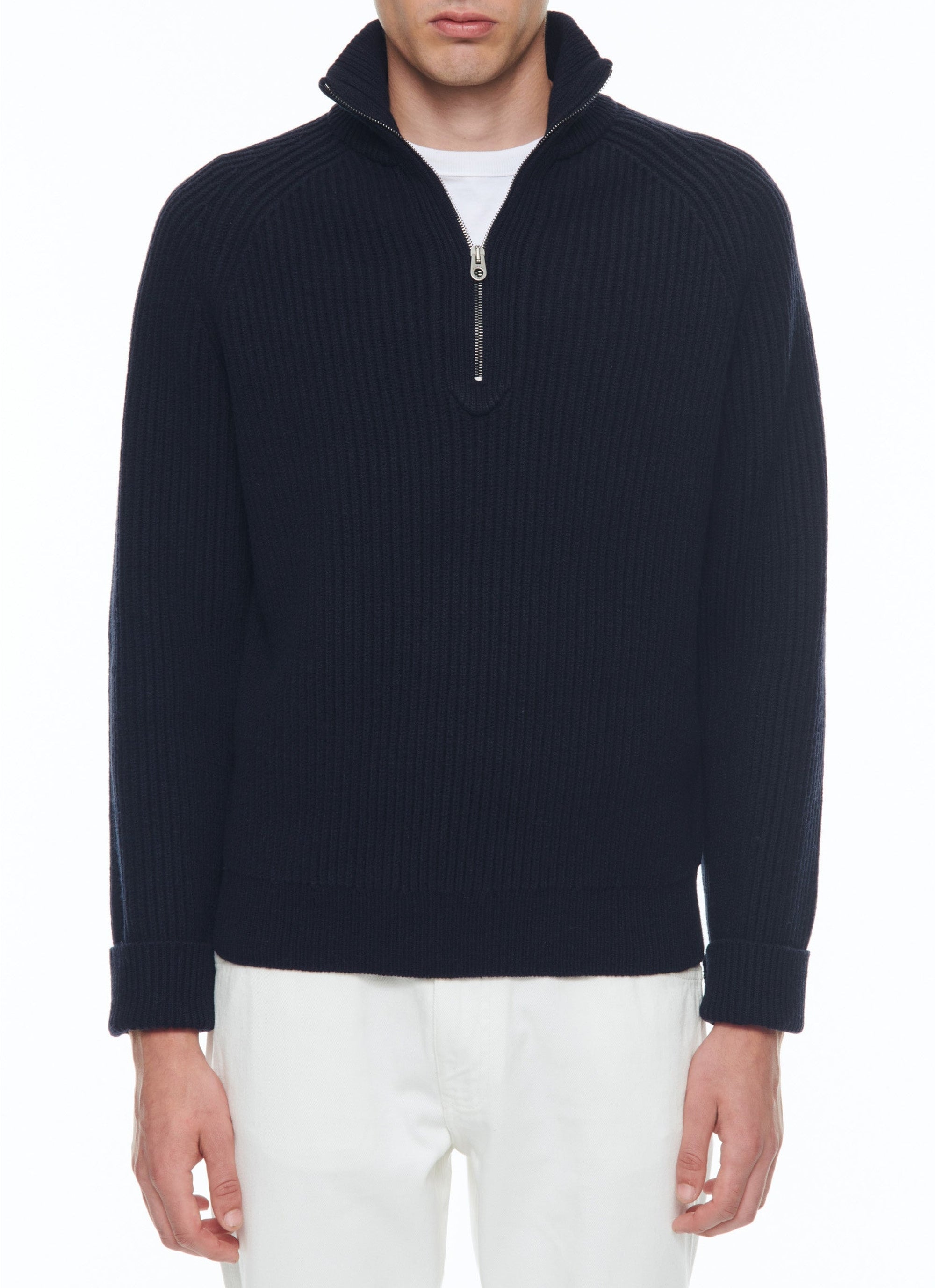 Pull côtelé à col camionneur en laine - Bleu Marine