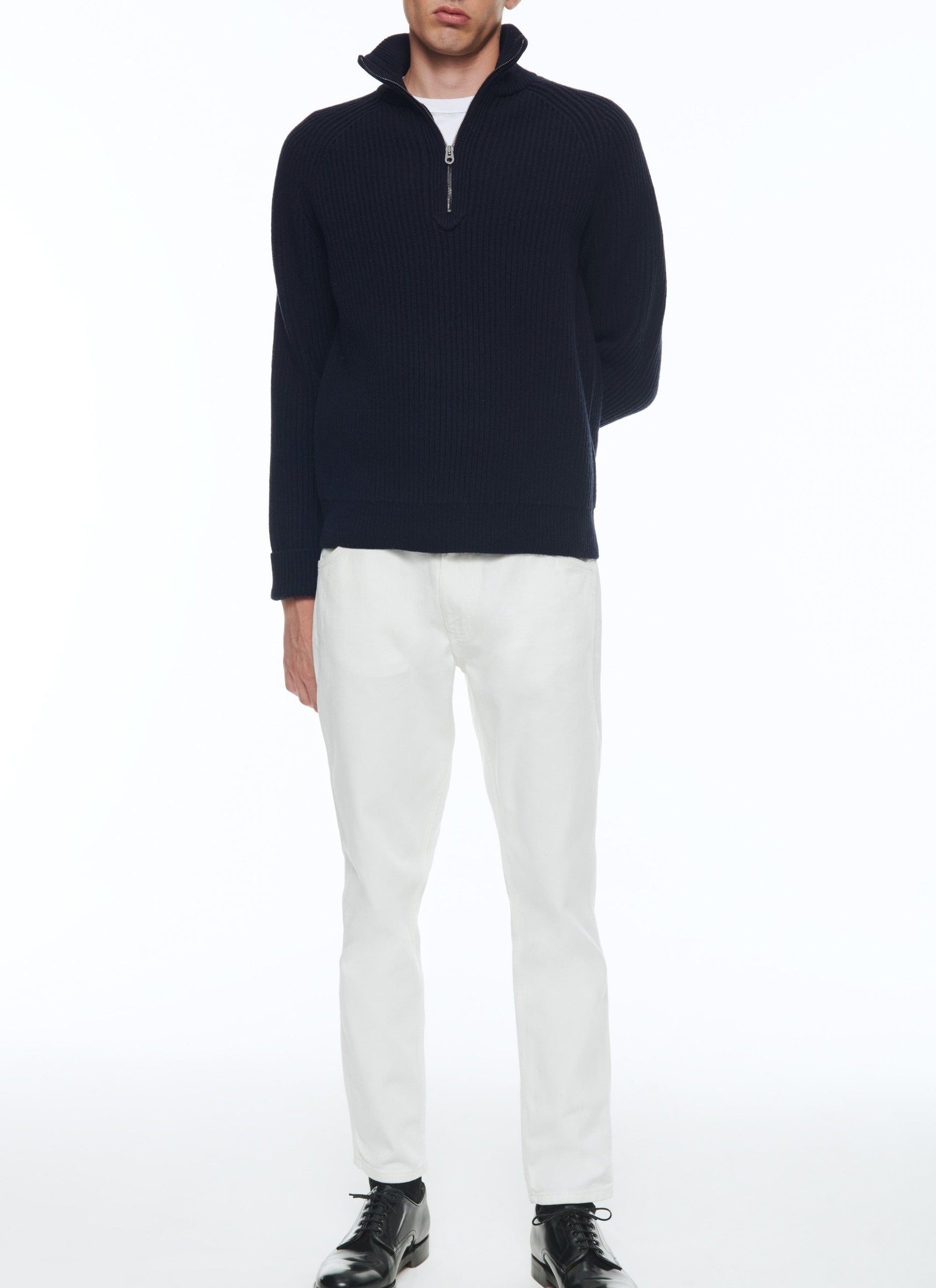 Pull côtelé à col camionneur en laine - Bleu Marine