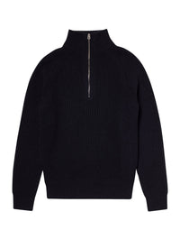 Pull côtelé à col camionneur en laine - Bleu Marine