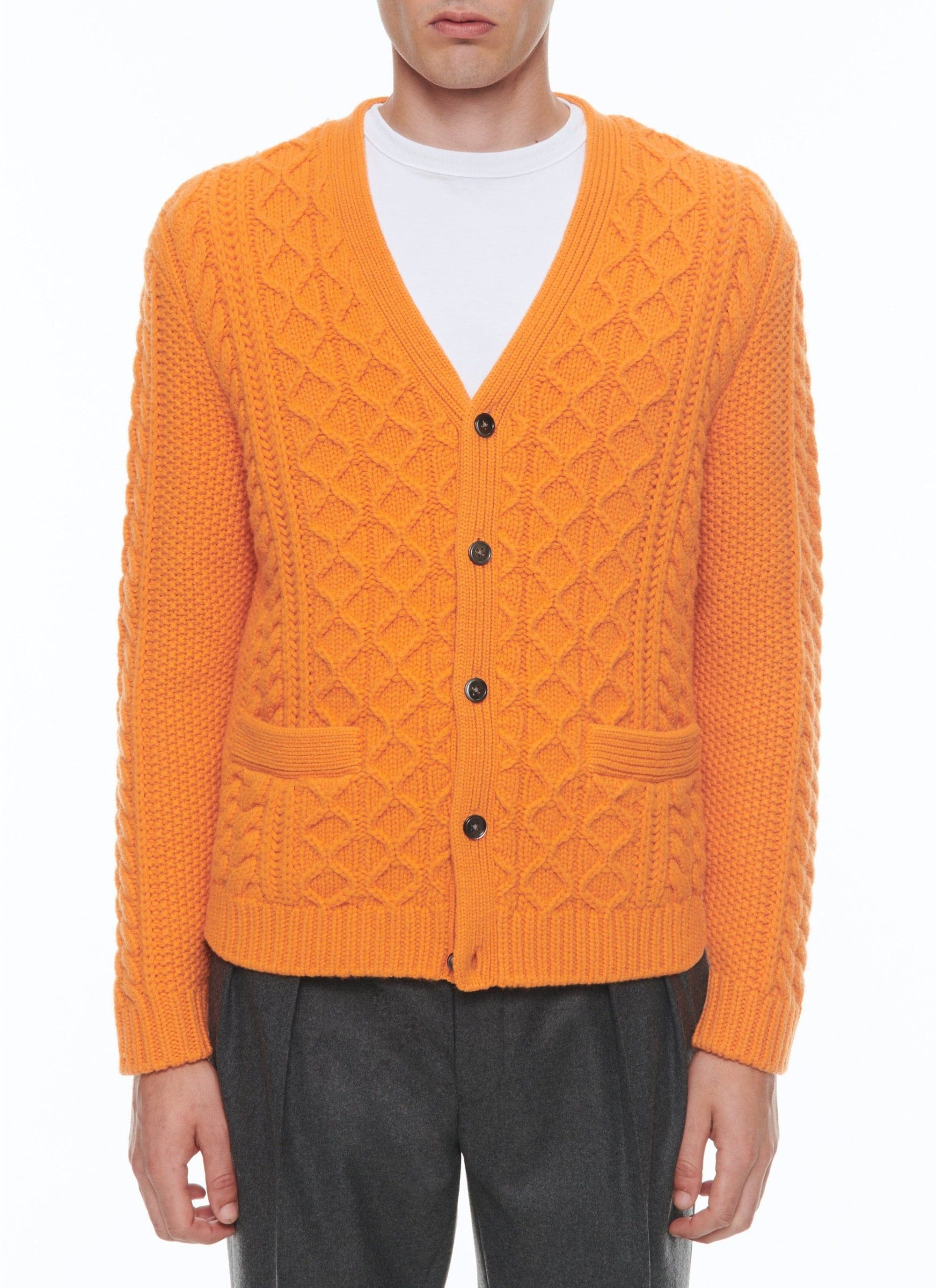 Cardigan à col V torsadé en laine - Orange