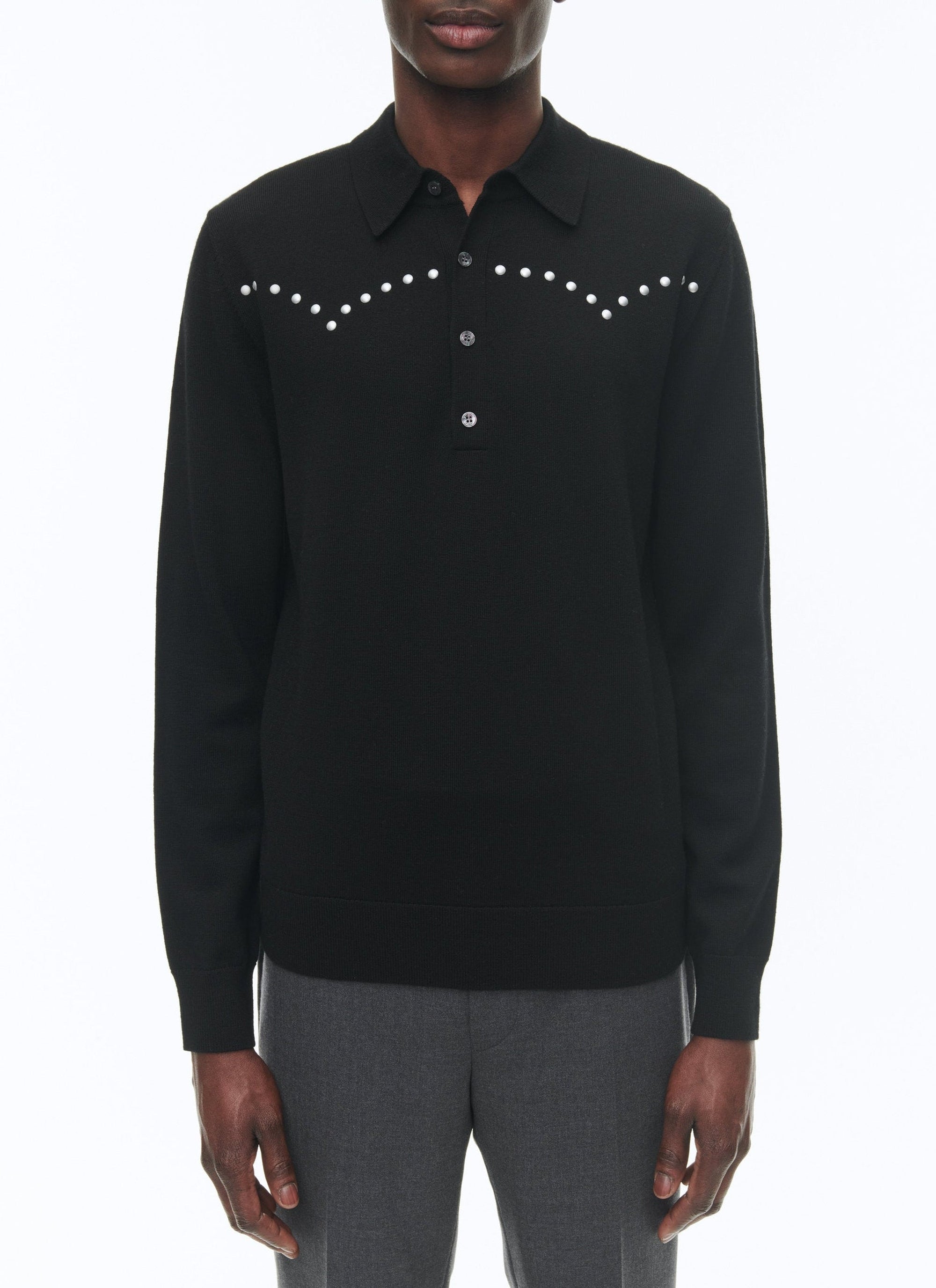 Pull à col boutonné en laine - Noir