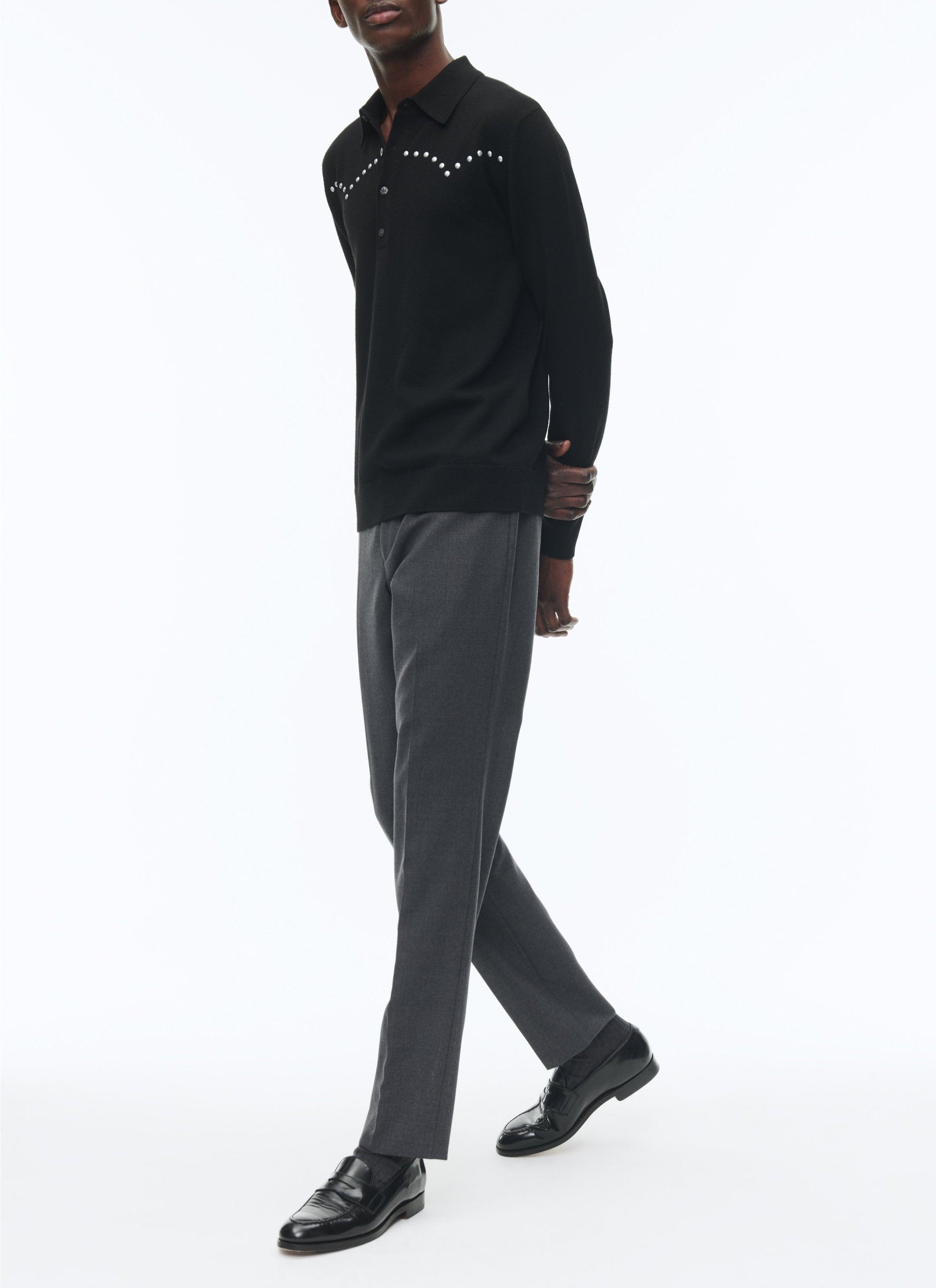 Pull à col boutonné en laine - Noir