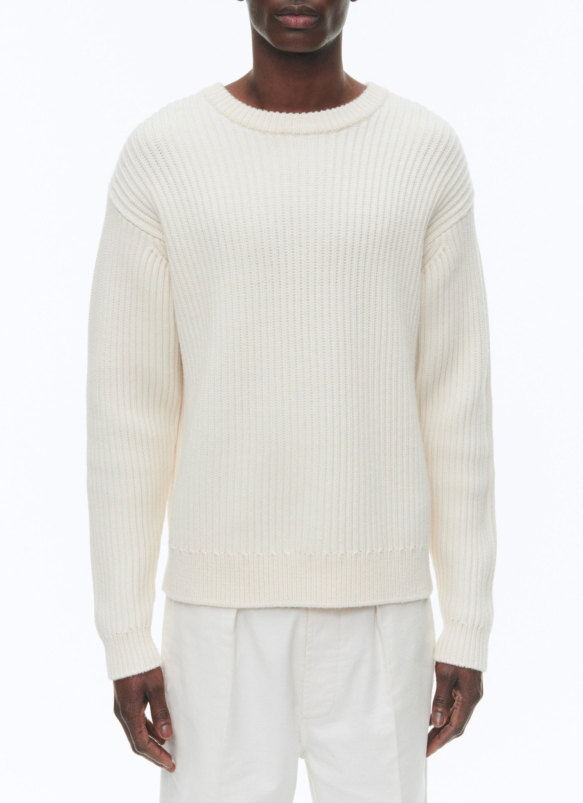 Pull côtelé à col rond en laine - Écru
