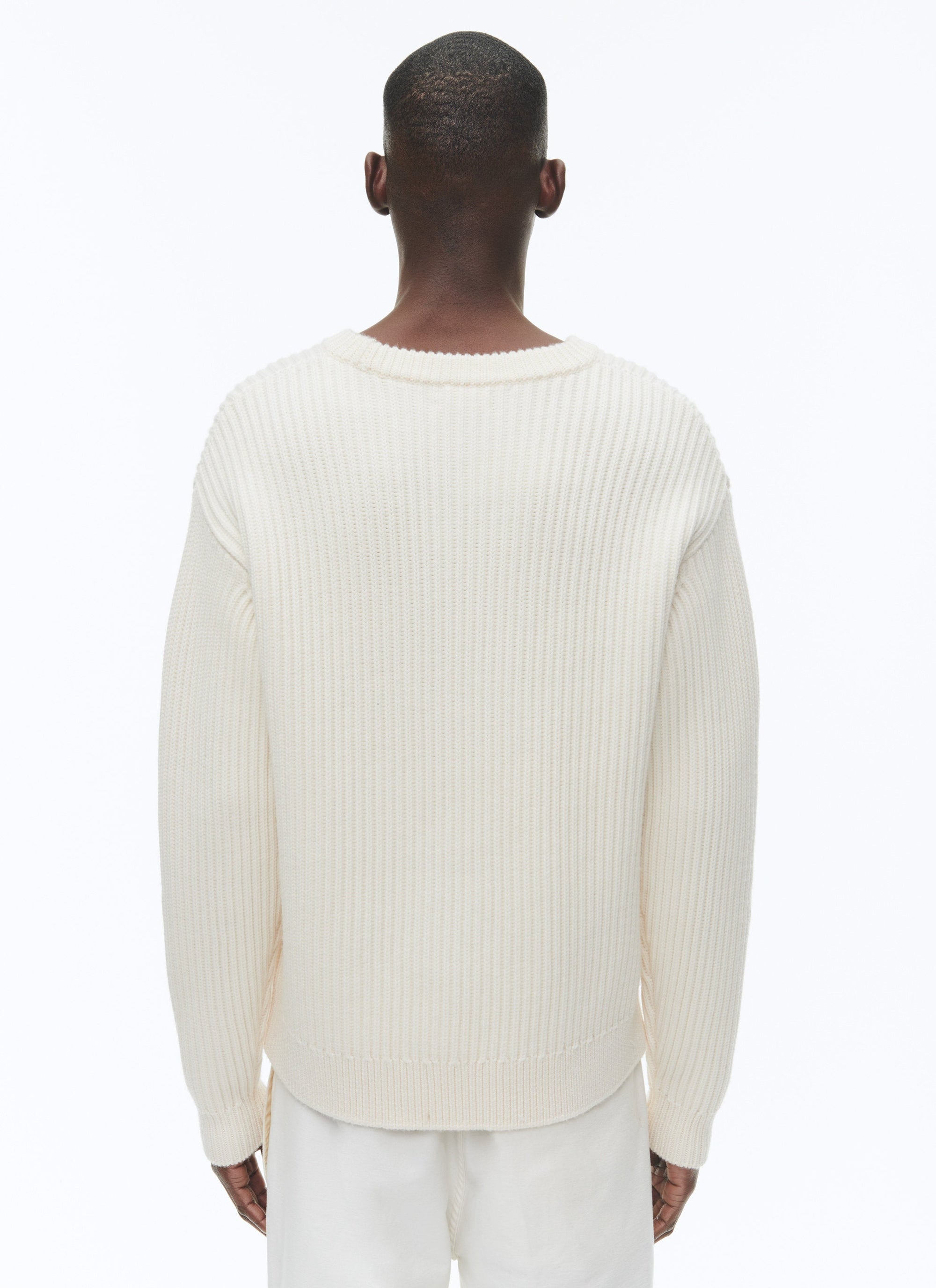 Pull côtelé à col rond en laine - Écru