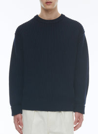 Pull côtelé à col rond en laine - Marine
