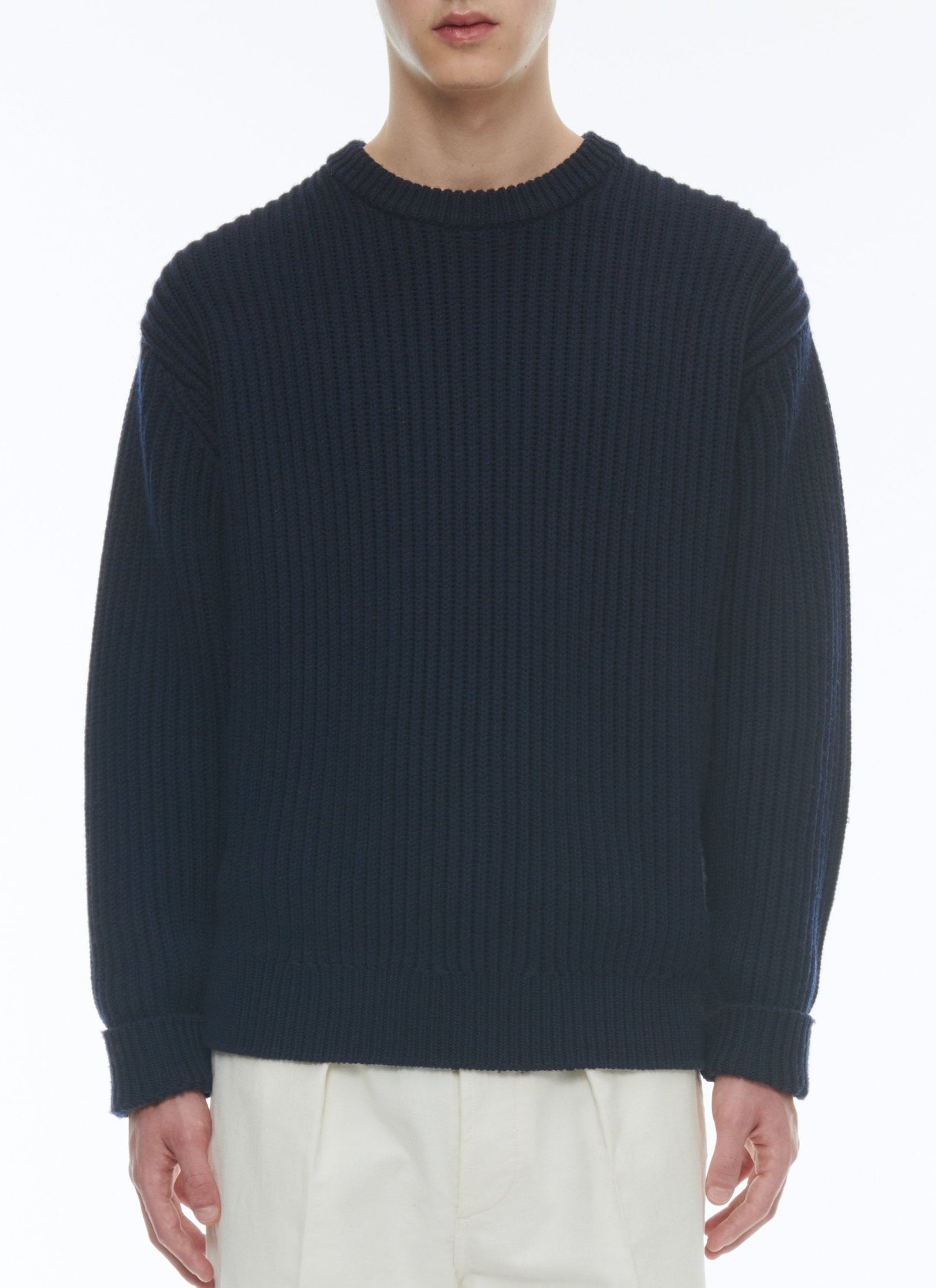 Pull côtelé à col rond en laine - Marine