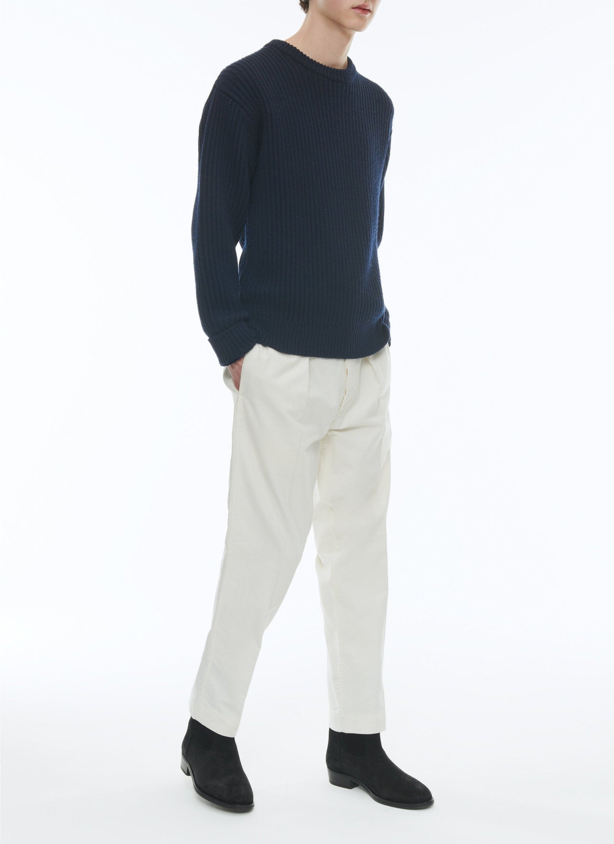 Pull côtelé à col rond en laine - Marine