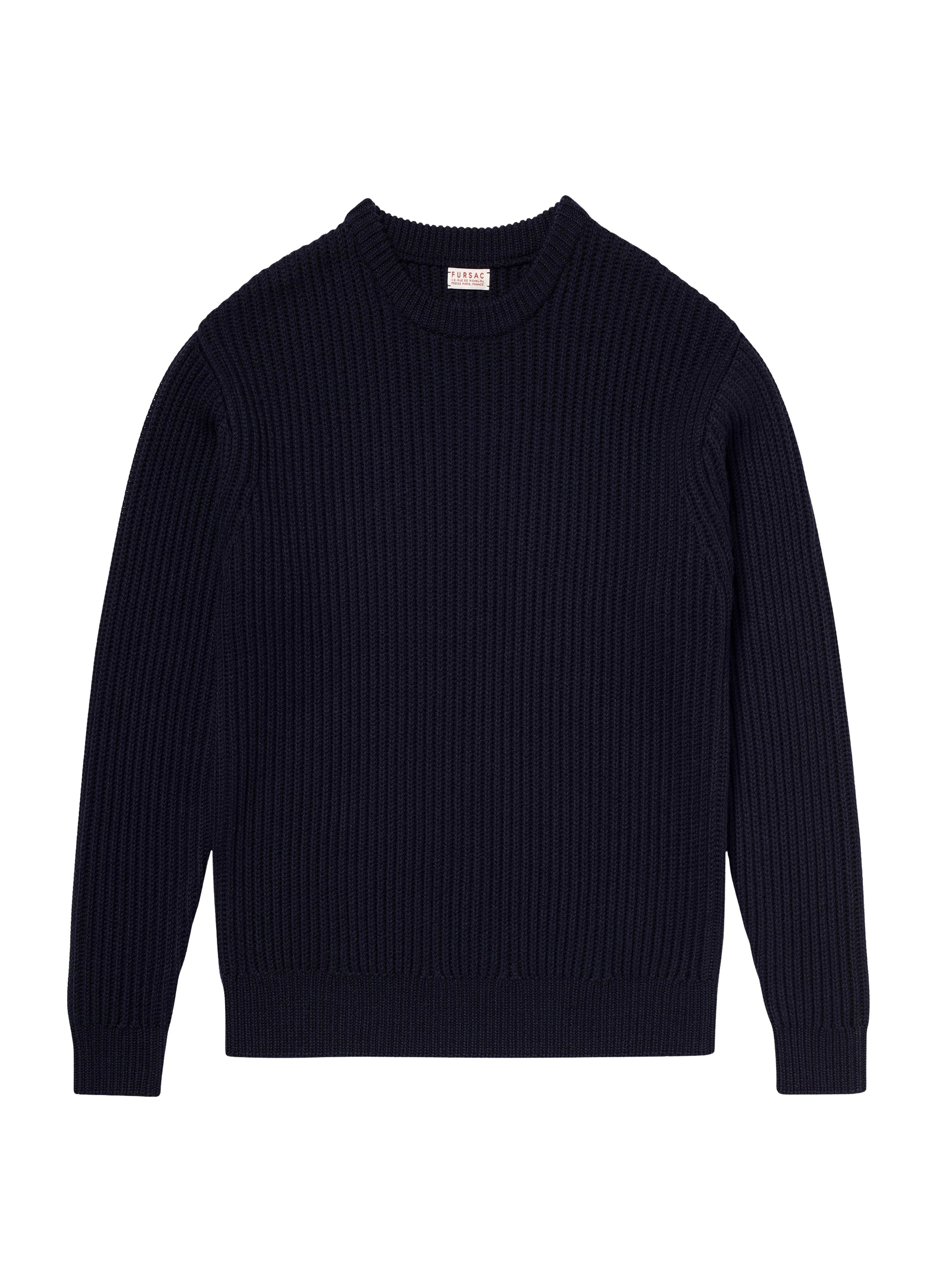 Pull côtelé à col rond en laine - Marine