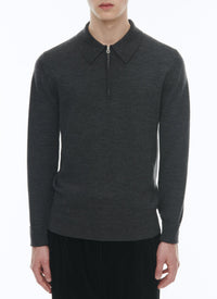 Pull boutonné à col zippé en laine - Gris Chine Foncé