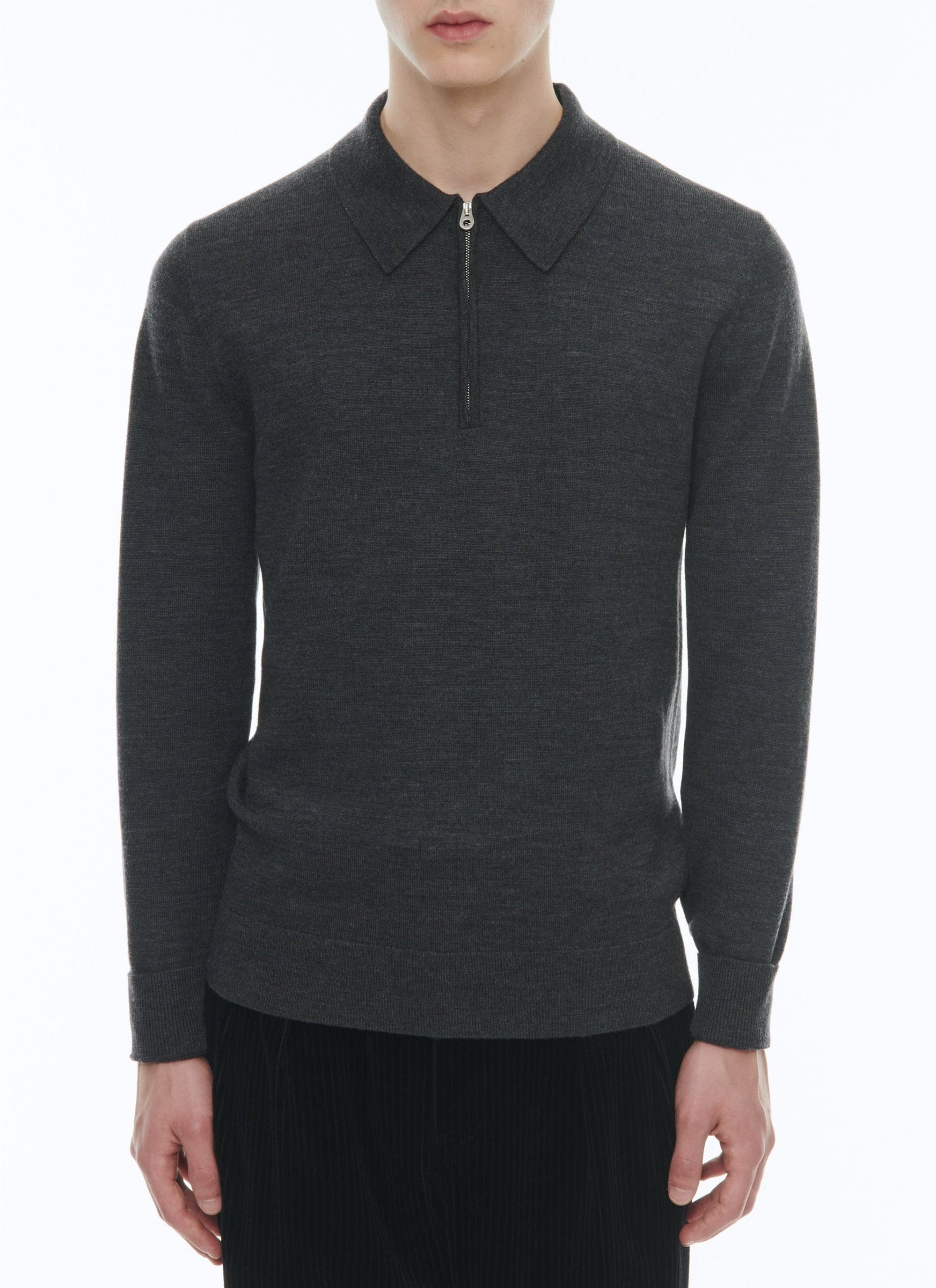 Pull boutonné à col zippé en laine - Gris Chine Foncé