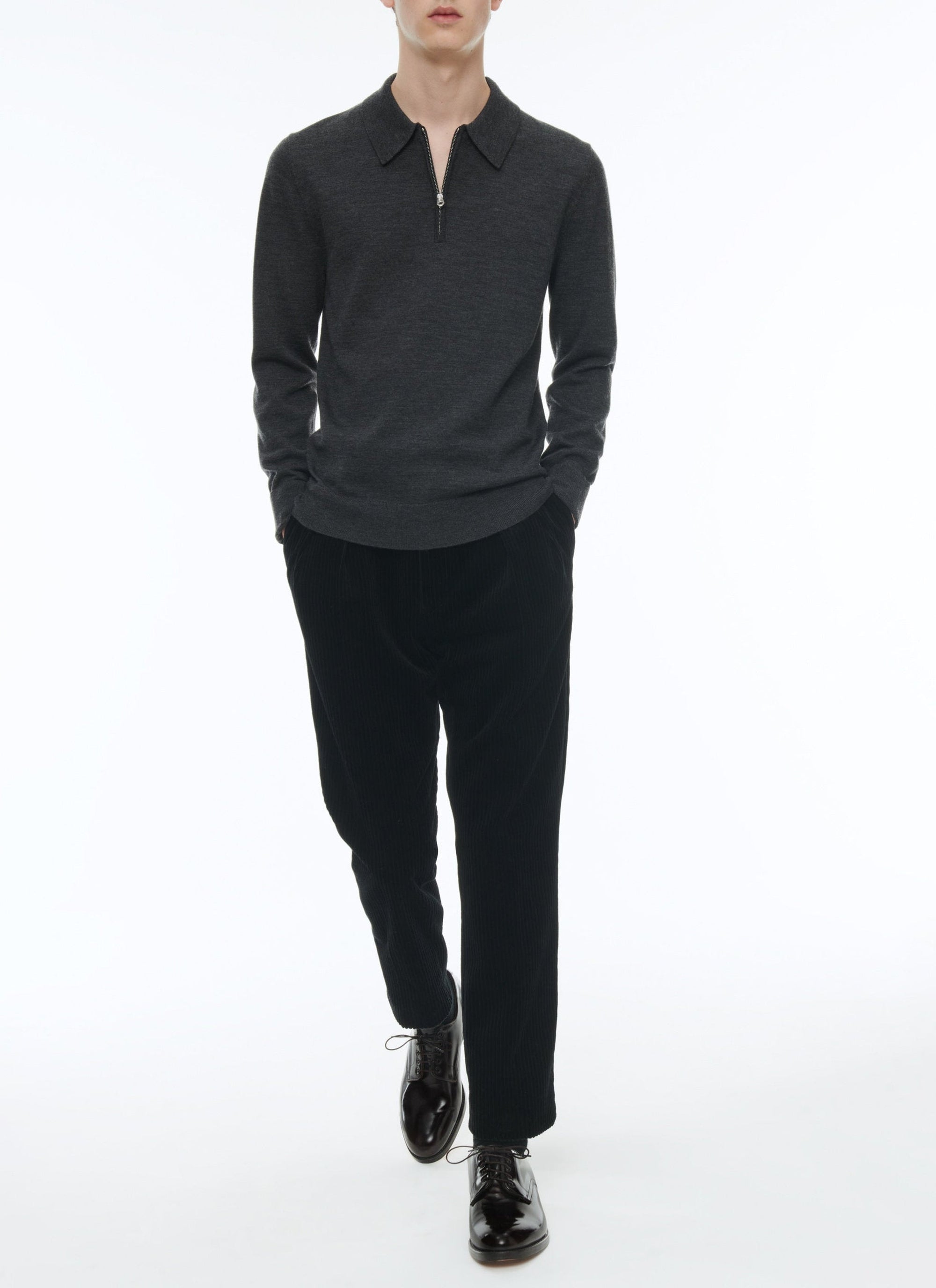 Pull boutonné à col zippé en laine - Gris Chine Foncé