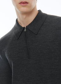 Pull boutonné à col zippé en laine - Gris Chine Foncé
