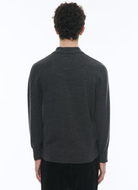 Pull boutonné à col zippé en laine - Gris Chine Foncé