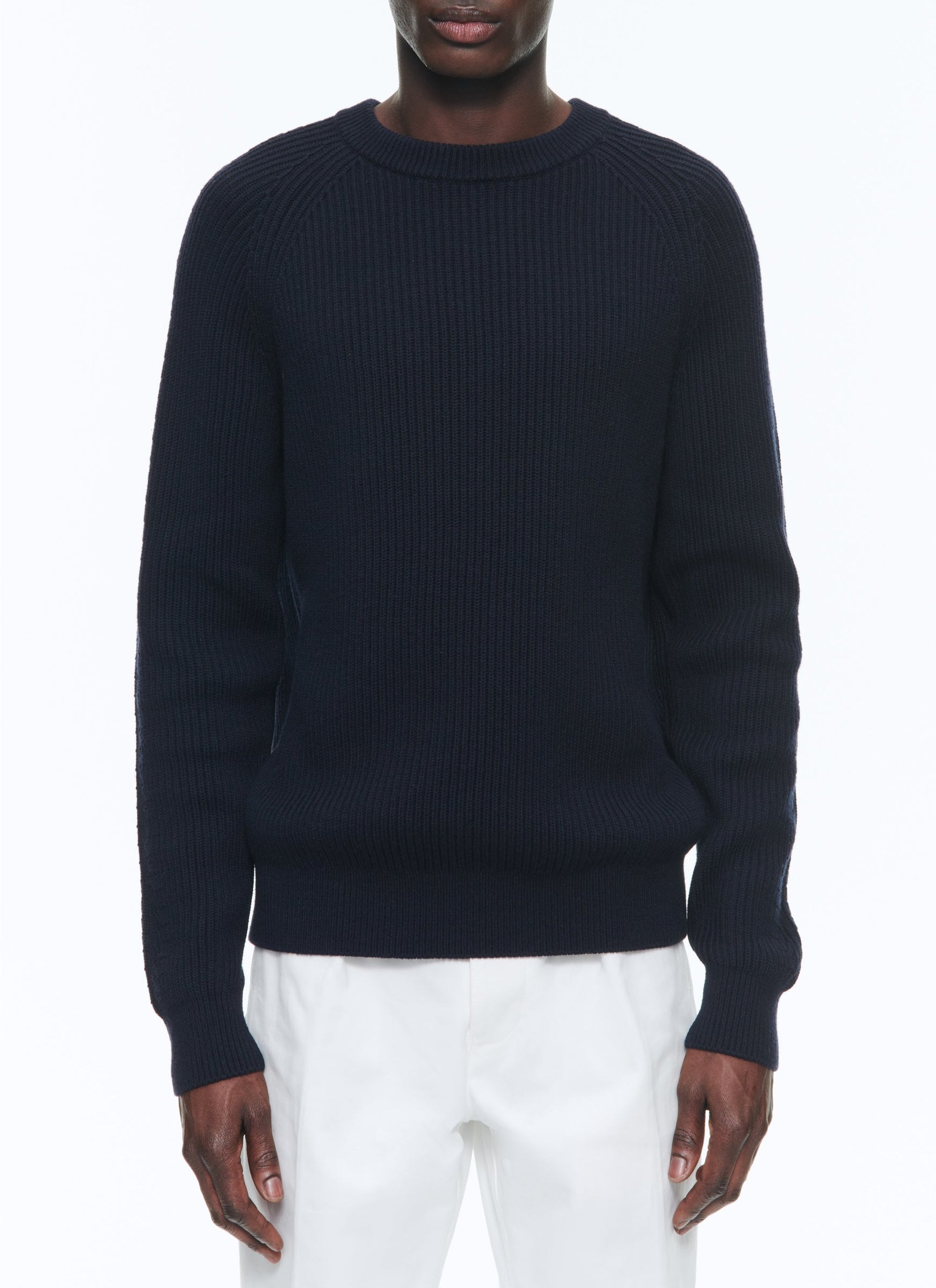 Pull côtelé en laine mélangée - Bleu Marine