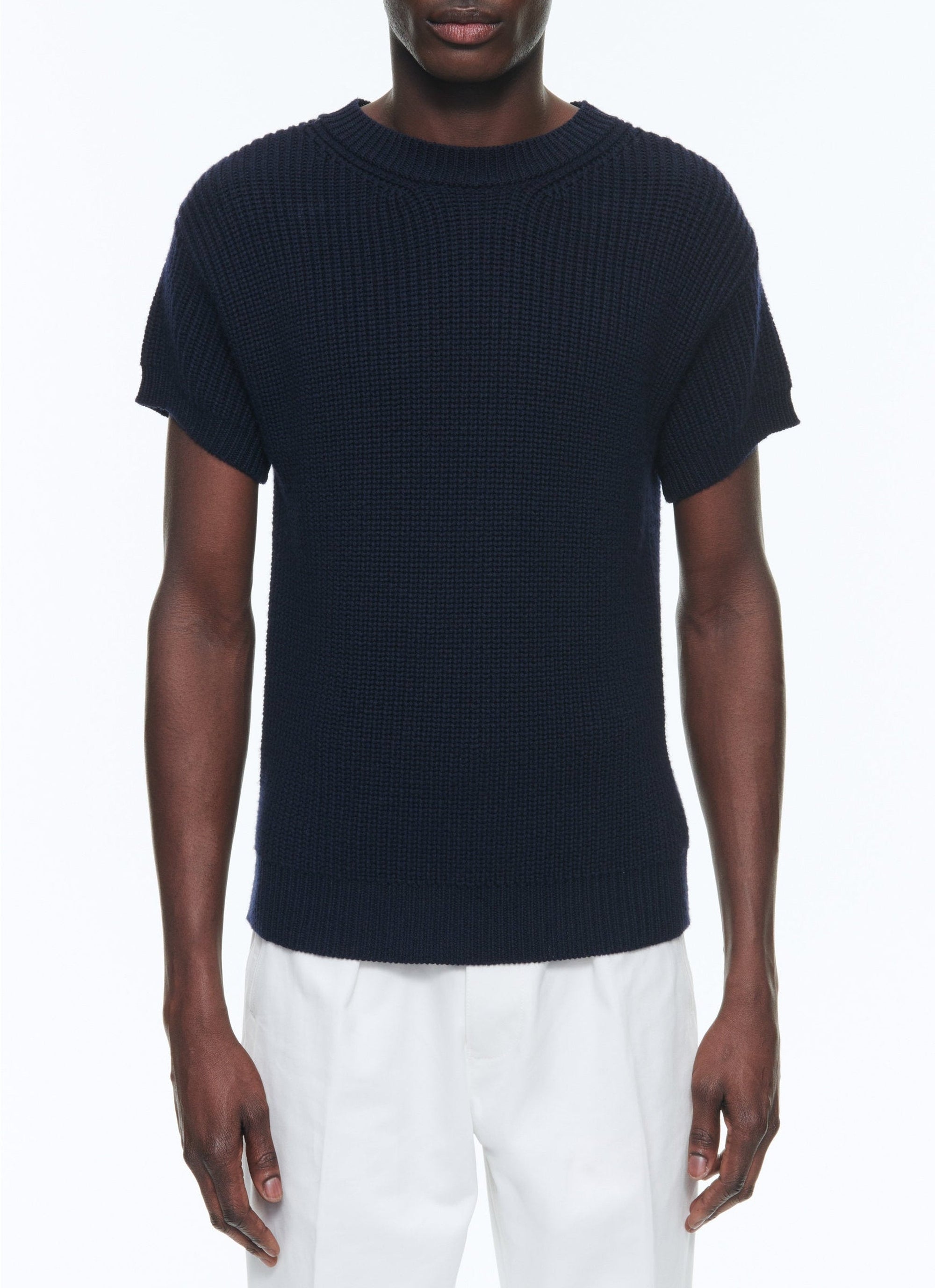 T-shirt à côtes perlées en laine - Marine