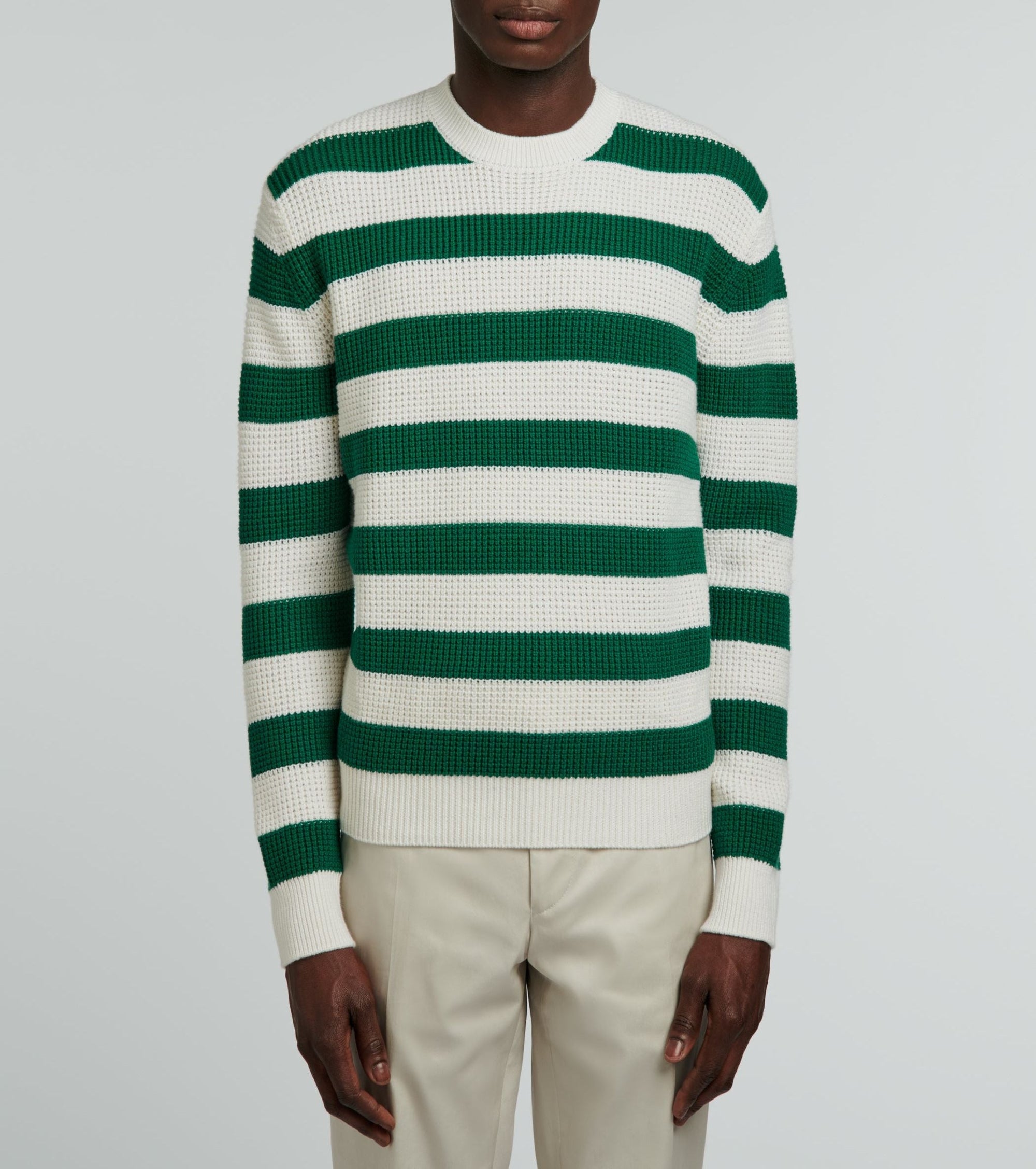 Pull à rayures en laine et coton - Vert & Ecru