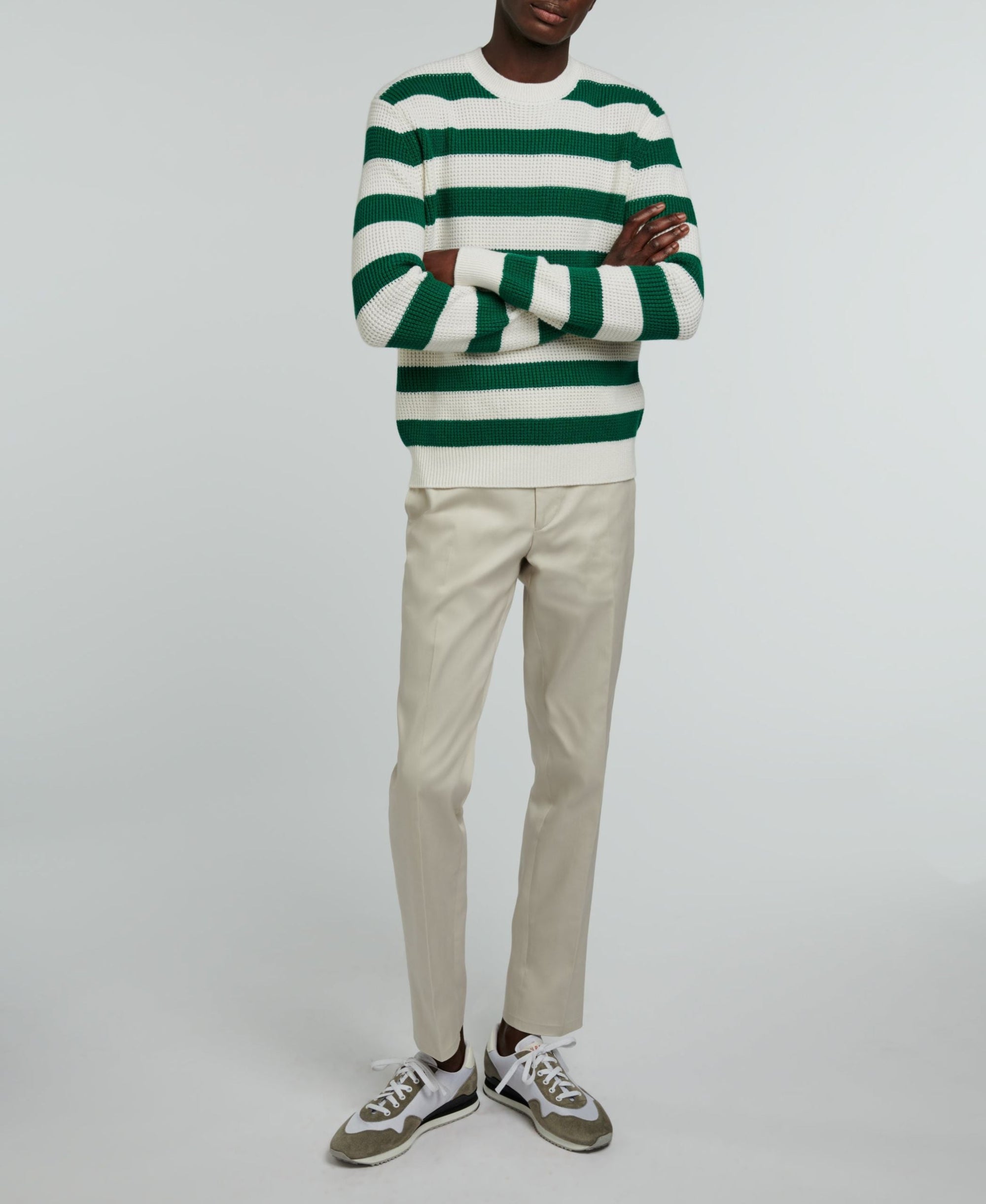 Pull à rayures en laine et coton - Vert & Ecru