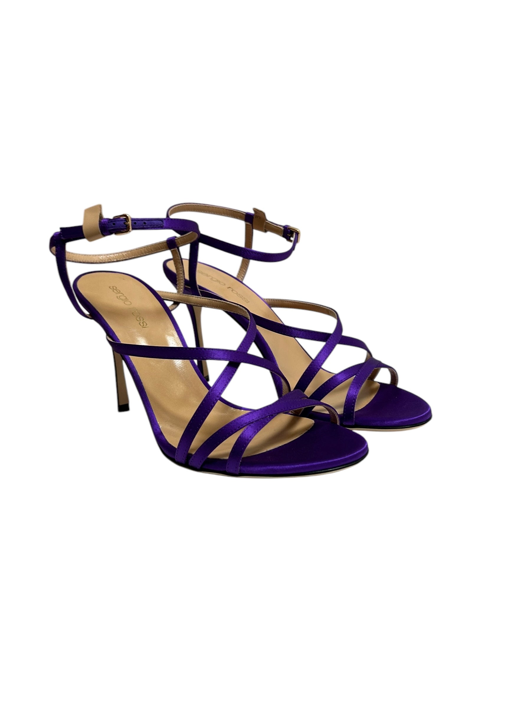 Sandales à talons satinées 90 et brides multiples en soie - Purple