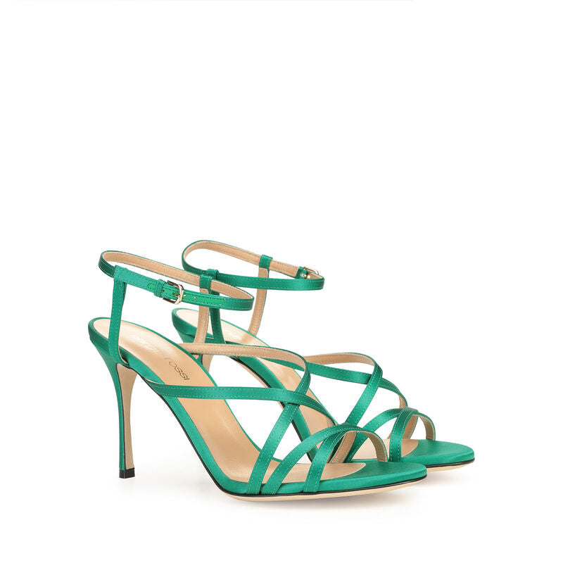 Sandales à talons 90 satinées et brides multiples en soie - Emerald Green