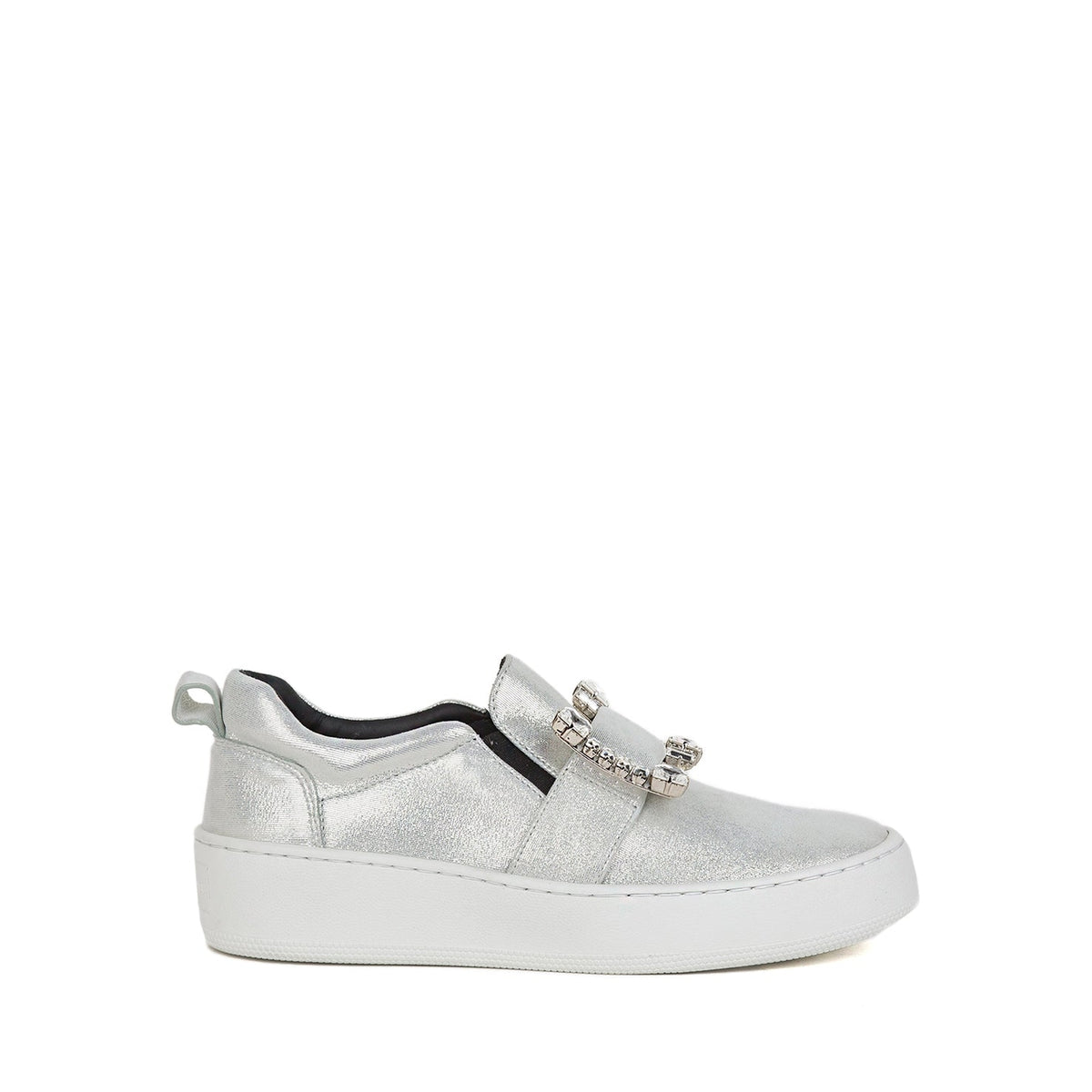 Buckle leather sneakers with rhinestones - Silver