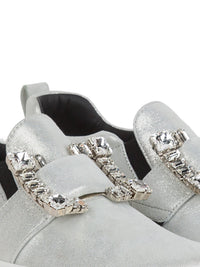 Buckle leather sneakers with rhinestones - Silver