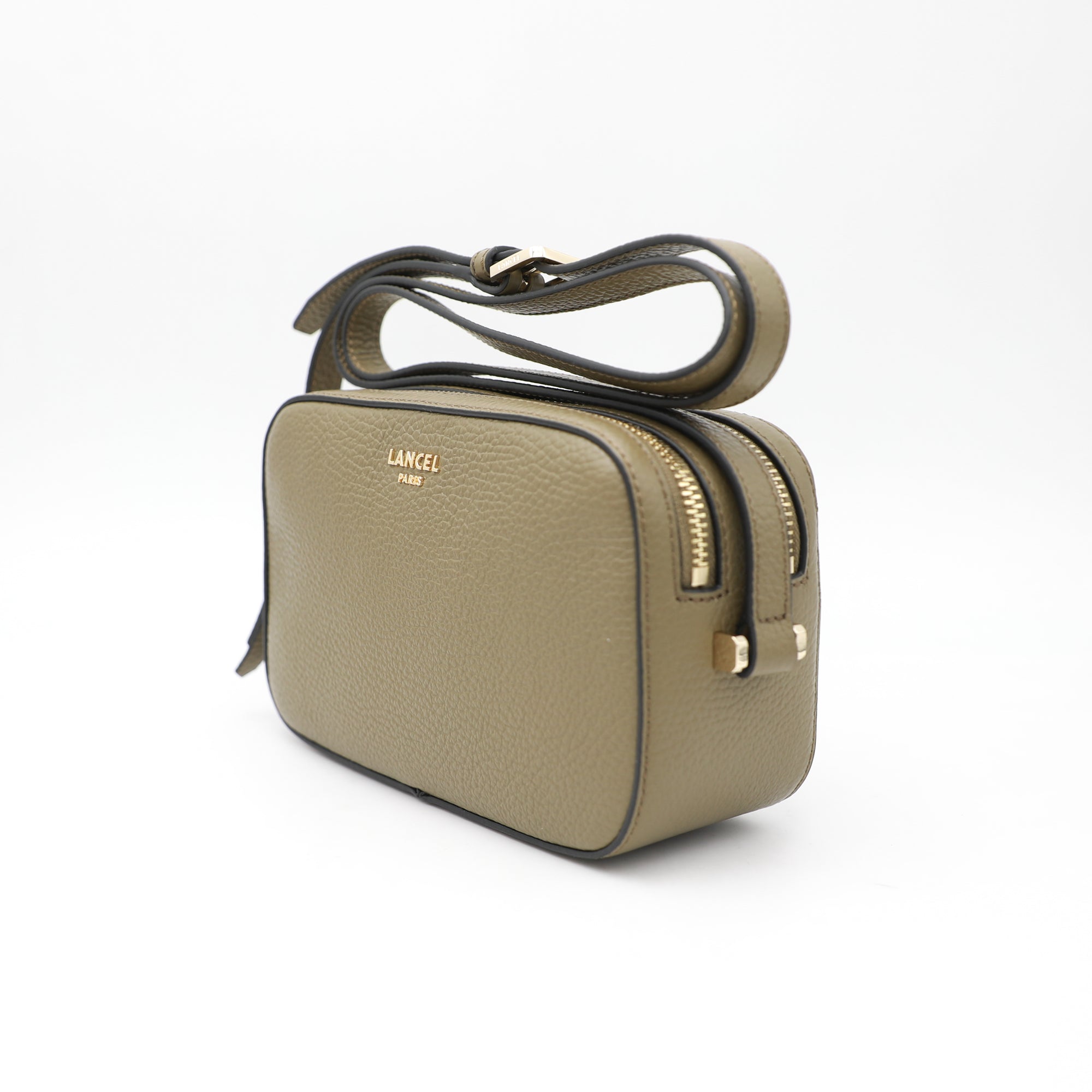 Sac caméra Lettrines à double zip en cuir grainé - Kaki