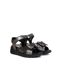 Sandales plates avec strass en cuir - Antracite