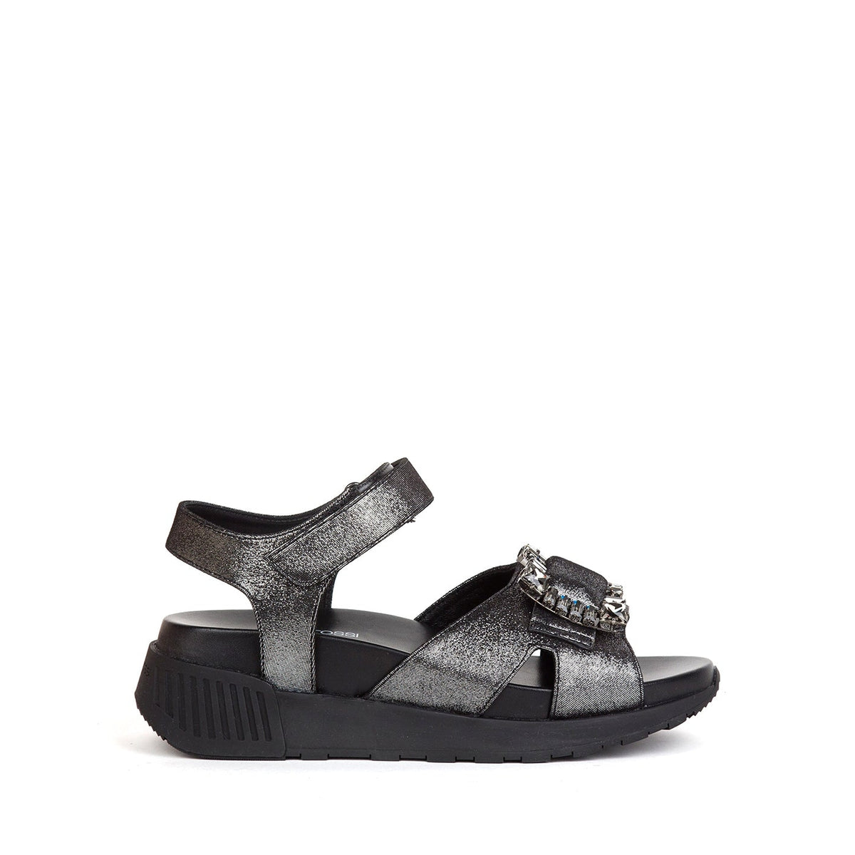 Sandales plates avec strass en cuir - Antracite