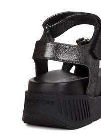 Sandales plates avec strass en cuir - Antracite