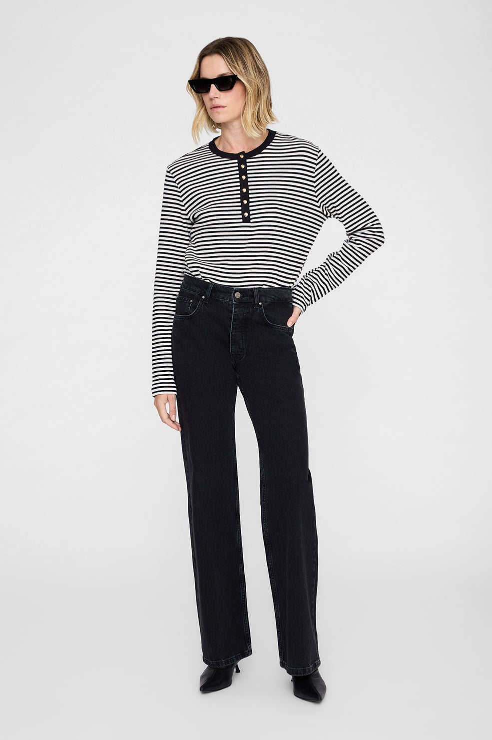 ALESSIA LONG SLEEVE TEE - CREAM AND BLACK STRIPE