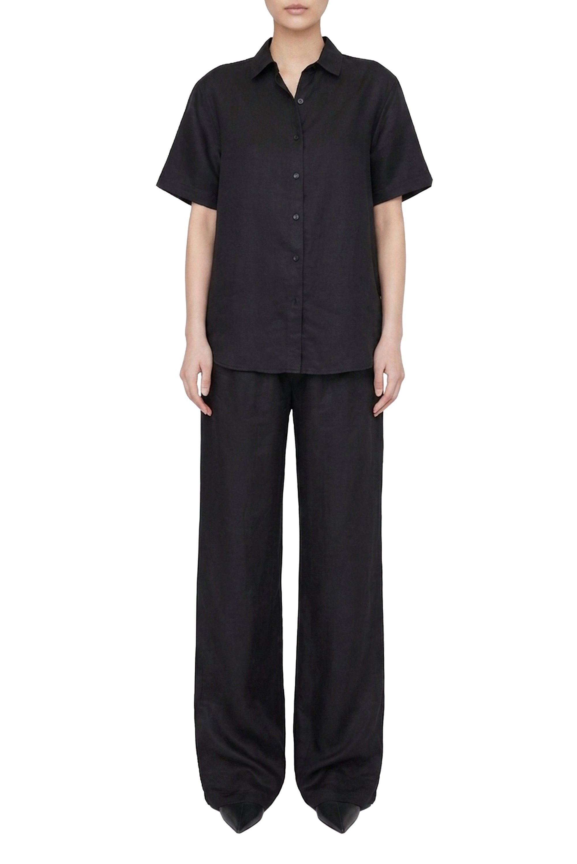 Chemise à manches courtes Bruni en lin mélangé - Black