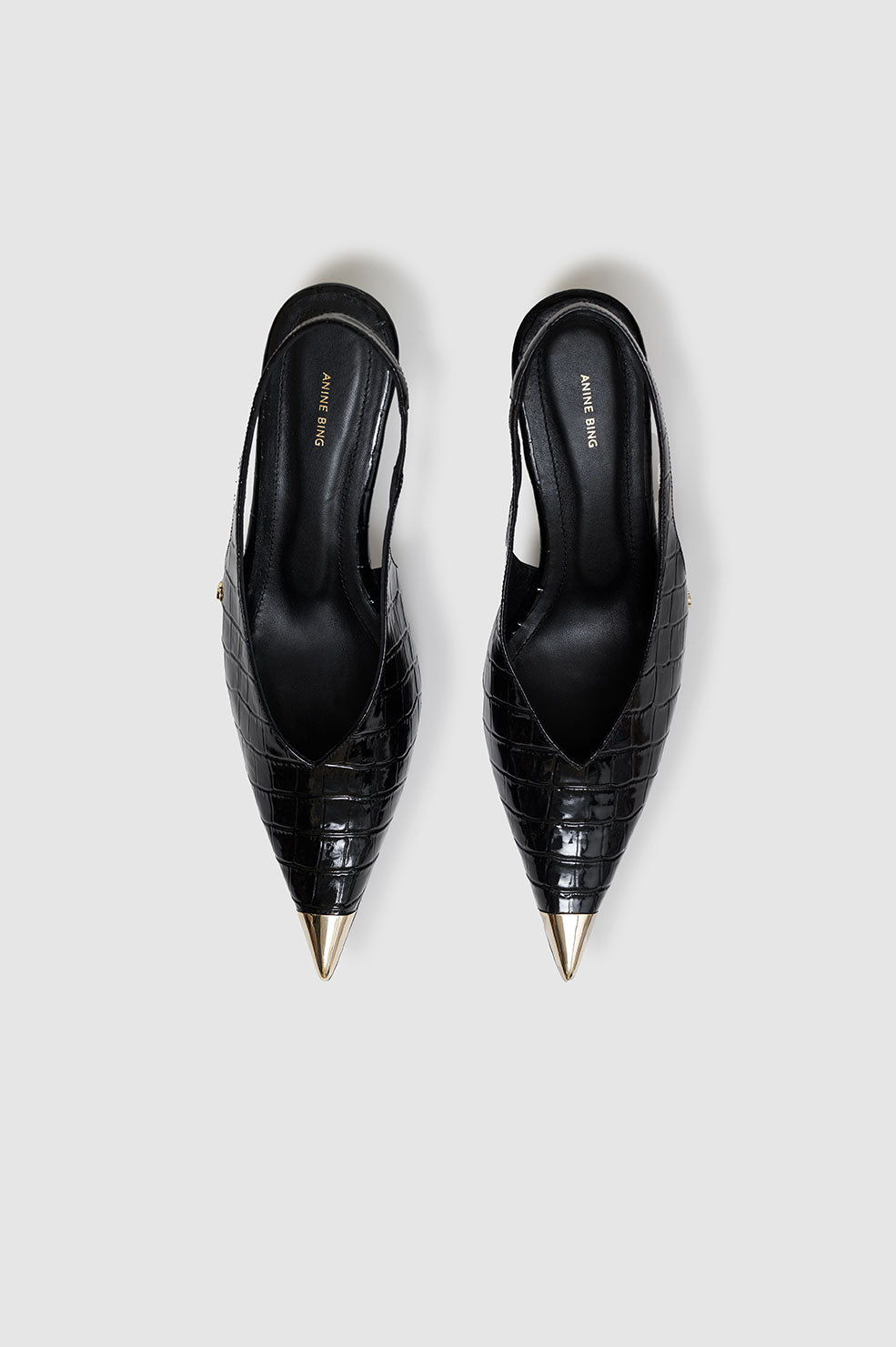 NINA HEELS WITH METAL TOE CAP - BLACK EMBOSSED