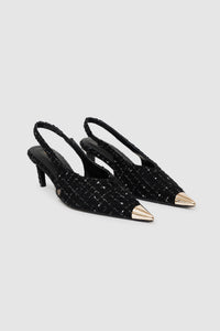 Slingback à talons Nina avec bout métallique en tweed - Black & White