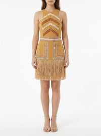 Short dress with embroidery and fringes - Caramello