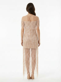 Fringed long dress in tulle - Avorio
