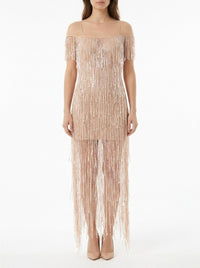 Fringed long dress in tulle - Avorio