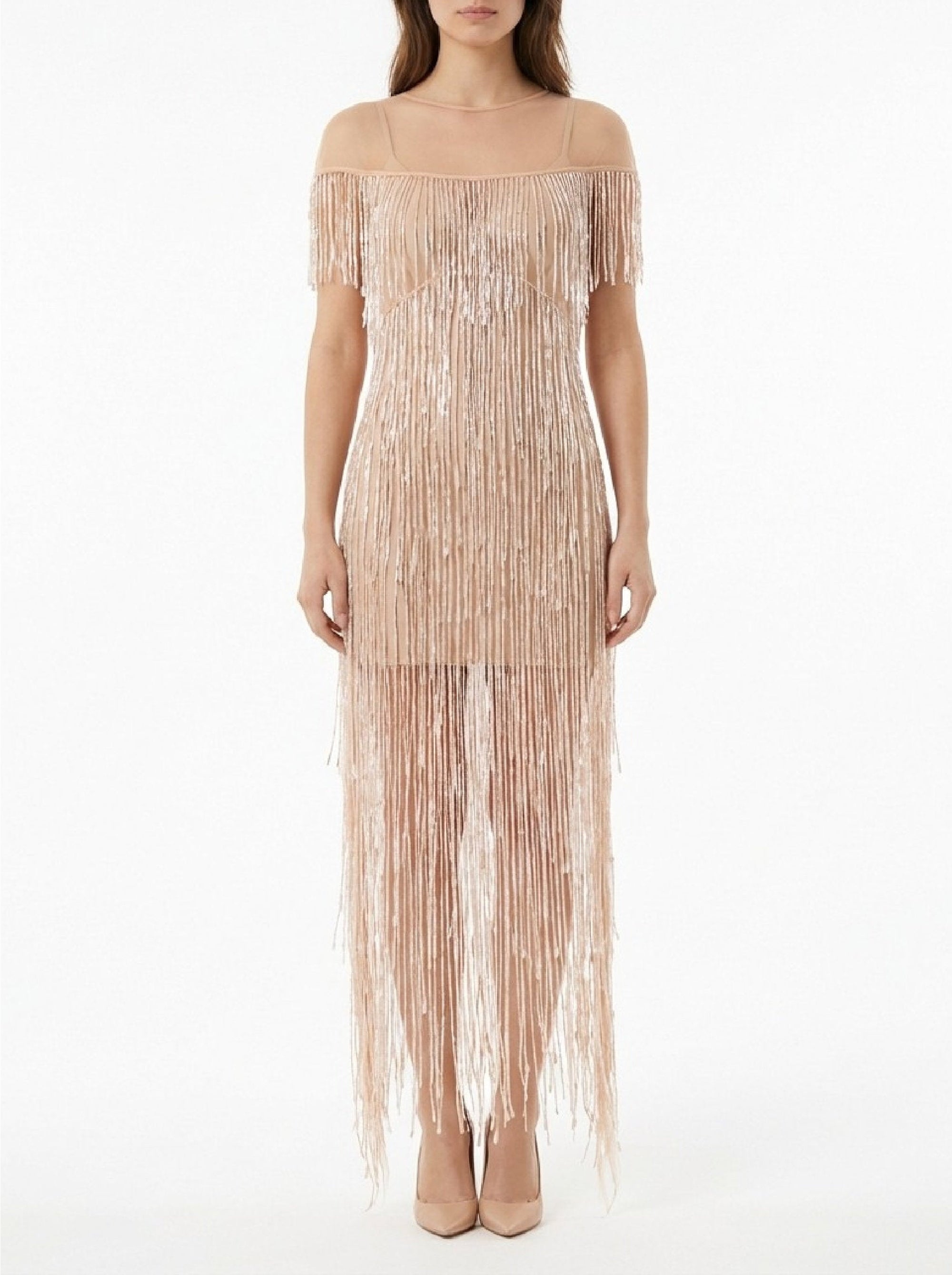 Fringed long dress in tulle - Avorio