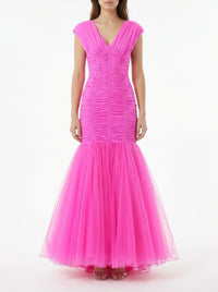 Smocked maxi dress with tulle - Pink Fluo