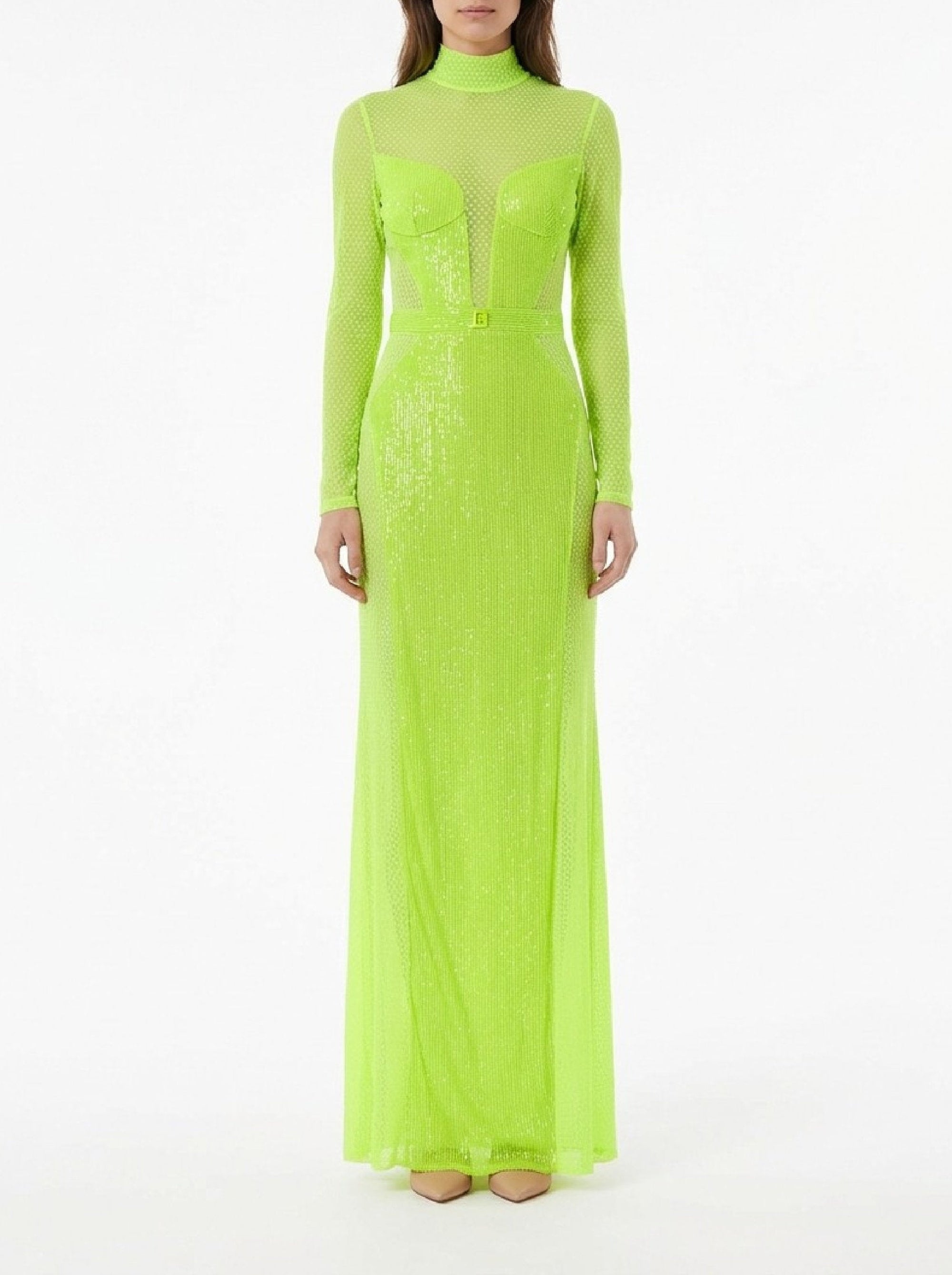 Sequin-effect fishnet maxi dress - Lime Fluo