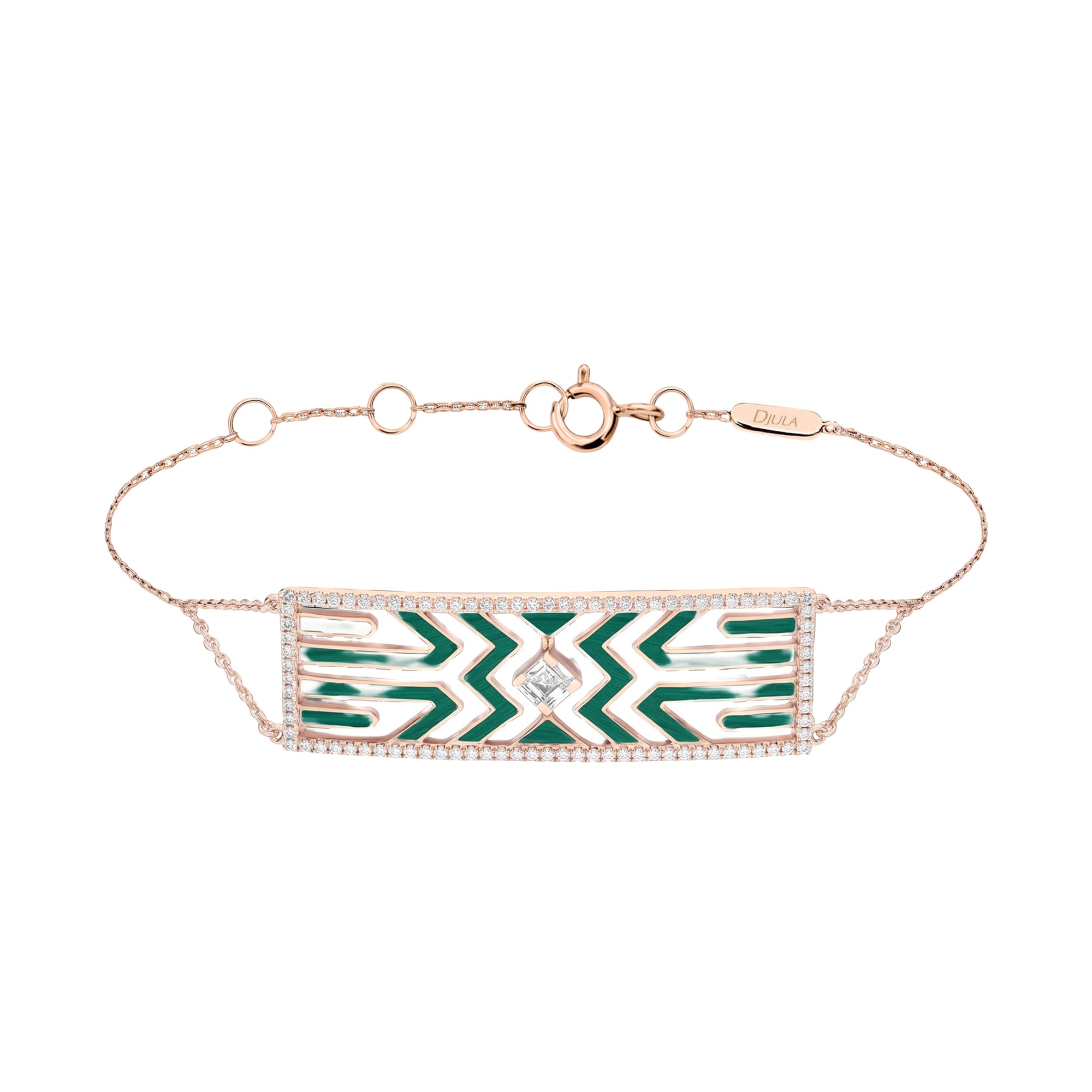 Plaque bracelet in 14K pink gold set with diamonds - Green