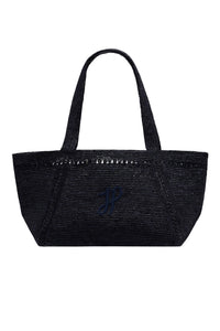 Large raffia tote bag with JP monogram - Navy Blue