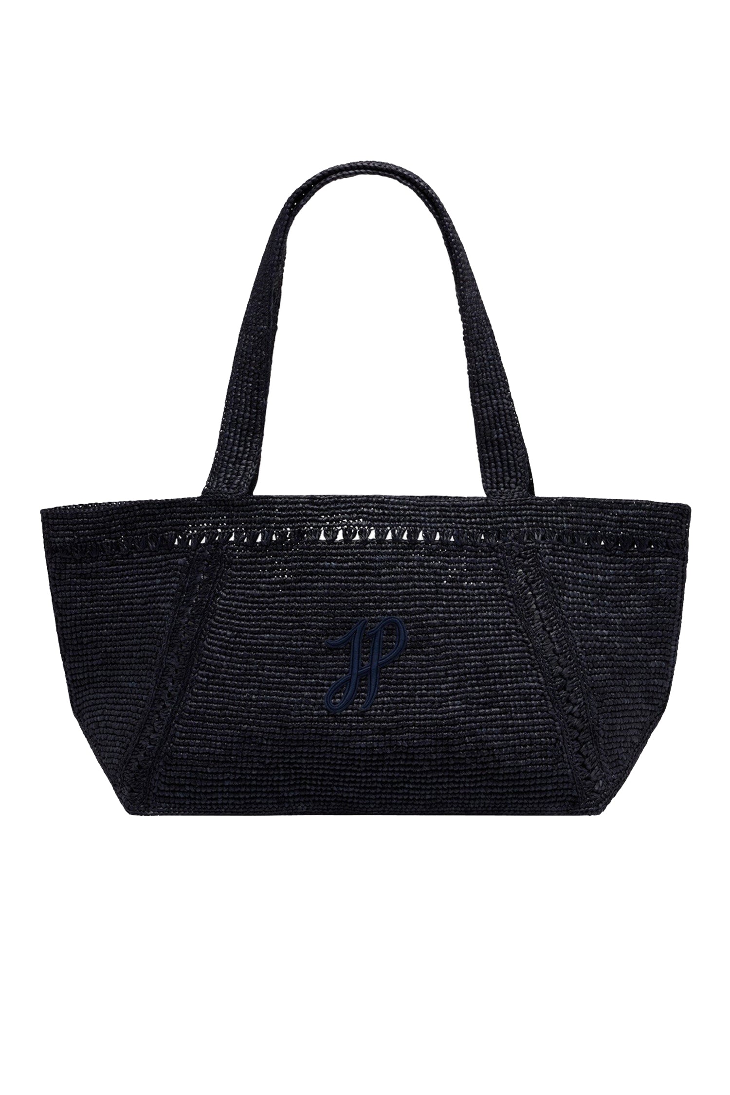 Large raffia tote bag with JP monogram - Navy Blue