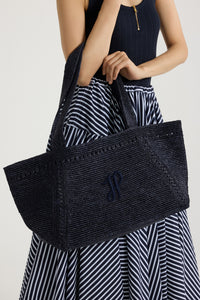 Navy Black / Grand cabas trapèze à monogramme JP en raphia