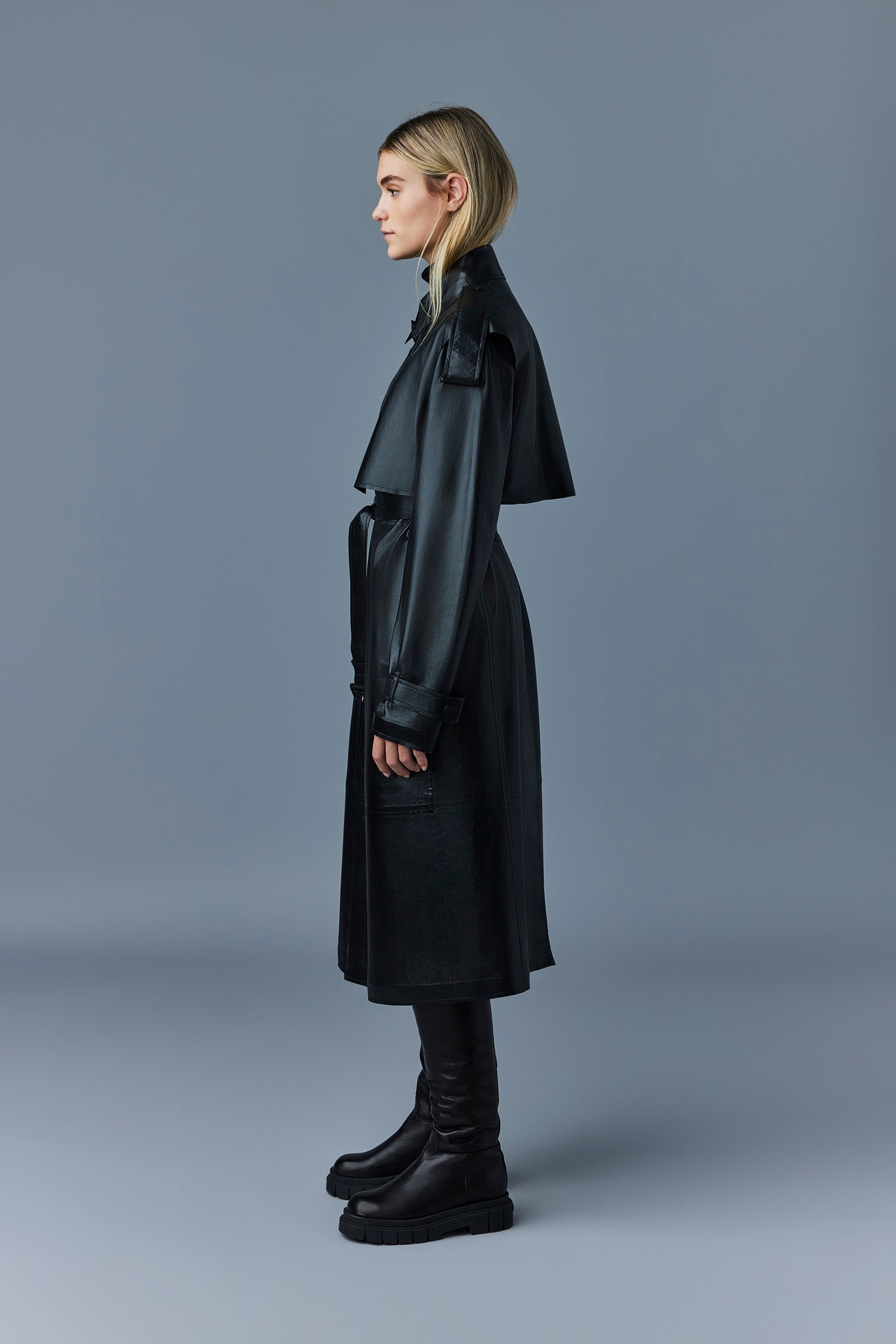 Trench coat long Adriana ceinturé en cuir - Black