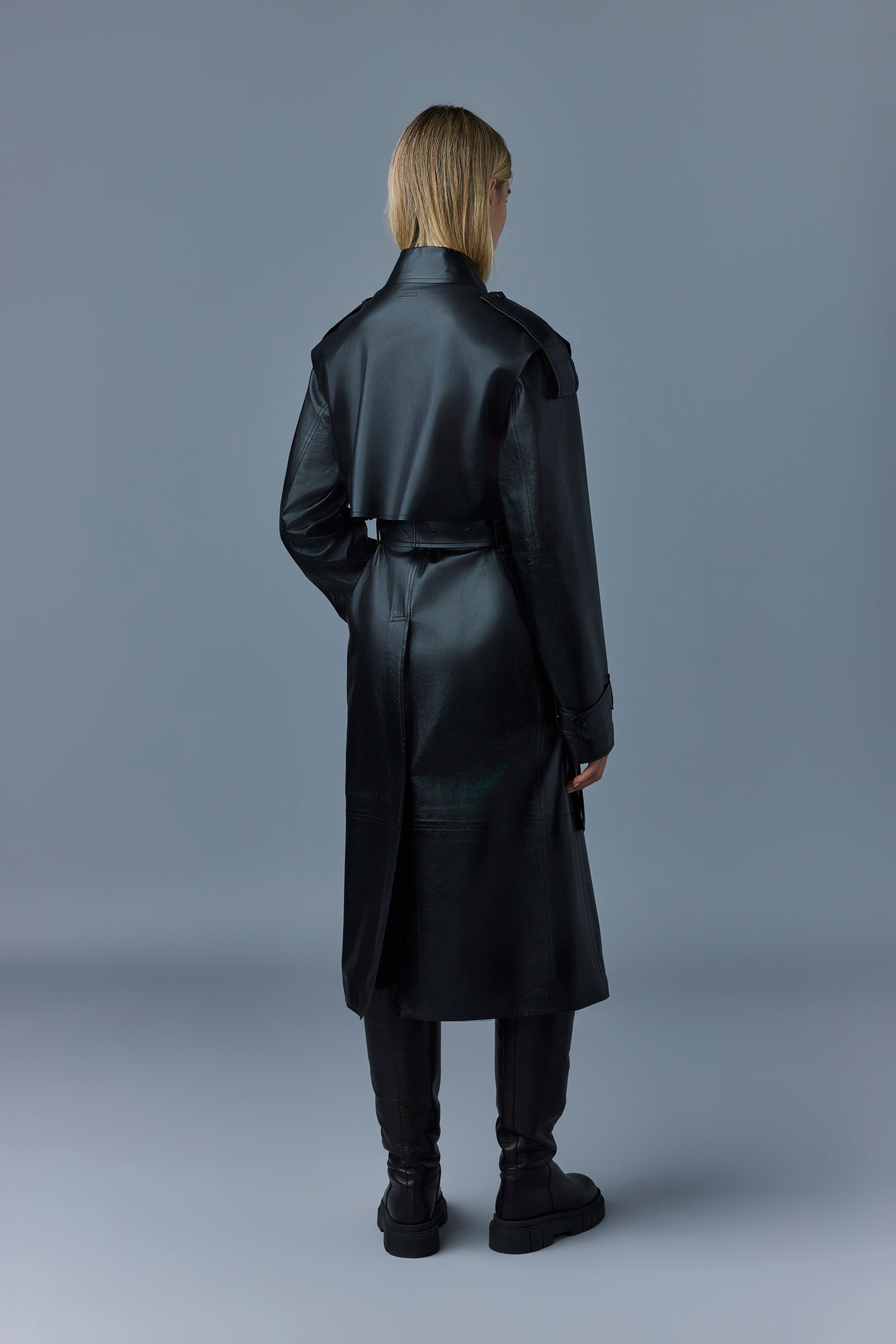 Trench coat long Adriana ceinturé en cuir - Black